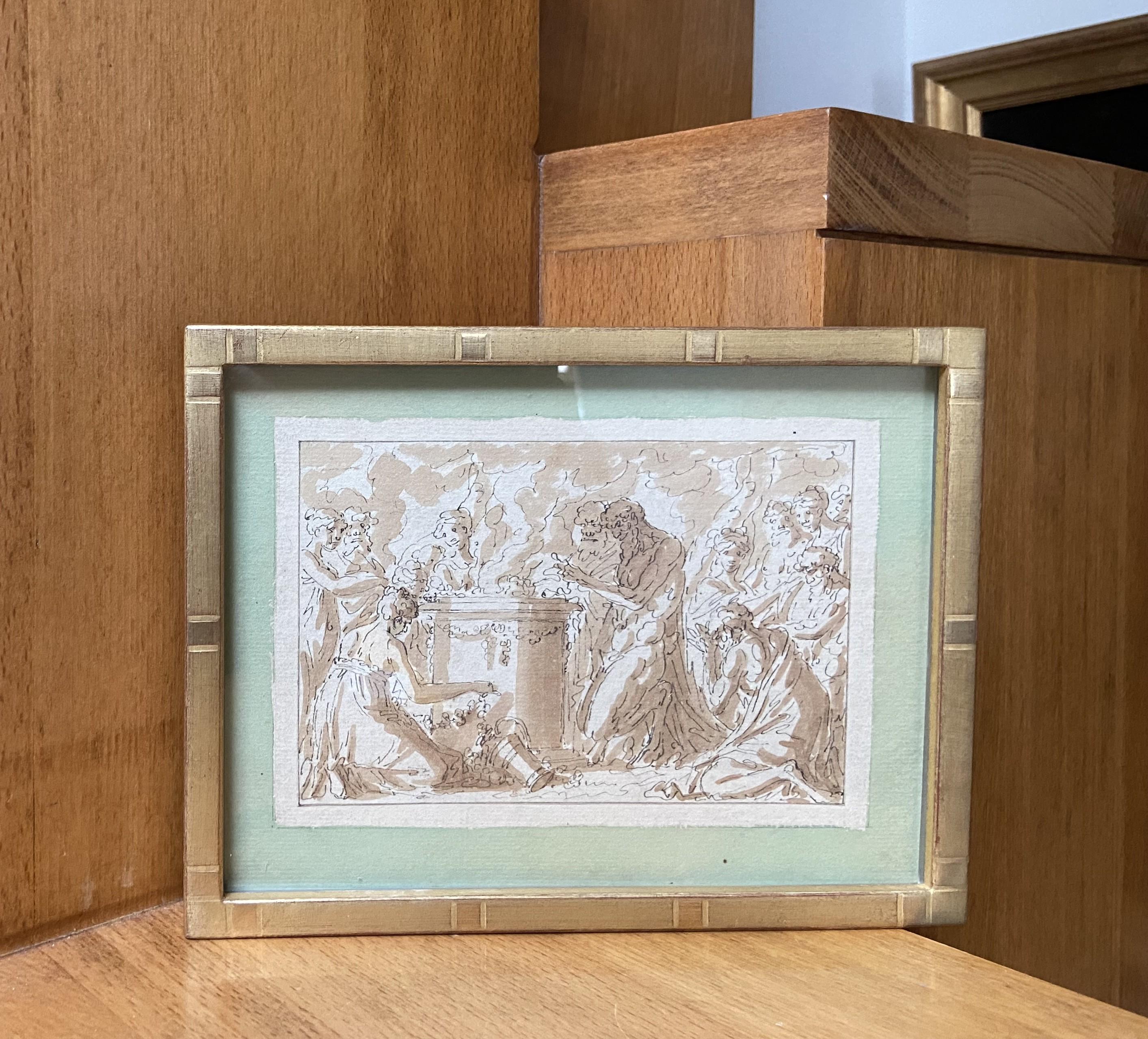 Louis-Félix de La Rue (1730-1777) 
Una scena di sacrificio antico
Penna e inchiostro marrone, lavaggio a inchiostro marrone su carta 
10 x 15 cm
In buona  condizione
In una cornice moderna sotto vetro 16,5 x 21,8 cm
 
Lo stile distintivo di Louis