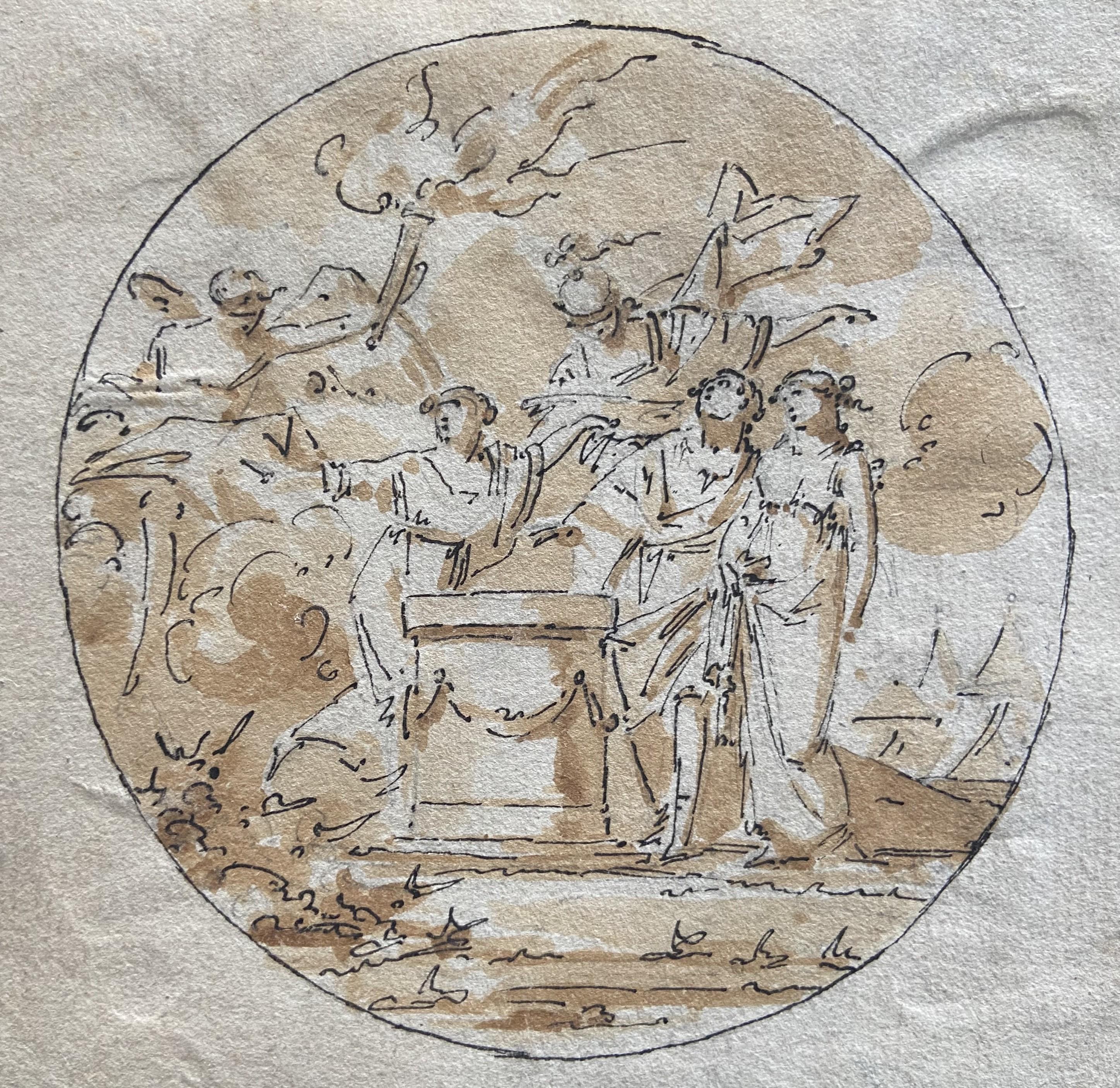 Escuela francesa Siglo XVIII, 
Una escena mitológica con una pareja, 
Pluma y tinta marrón, aguada de tinta marrón sobre papel
11,5 x 11,5 cm, diámetro de la escena principal : 10,5 cm
en un marco moderno bajo cristal : 33,5 x 33,5 cm

Este dibujo