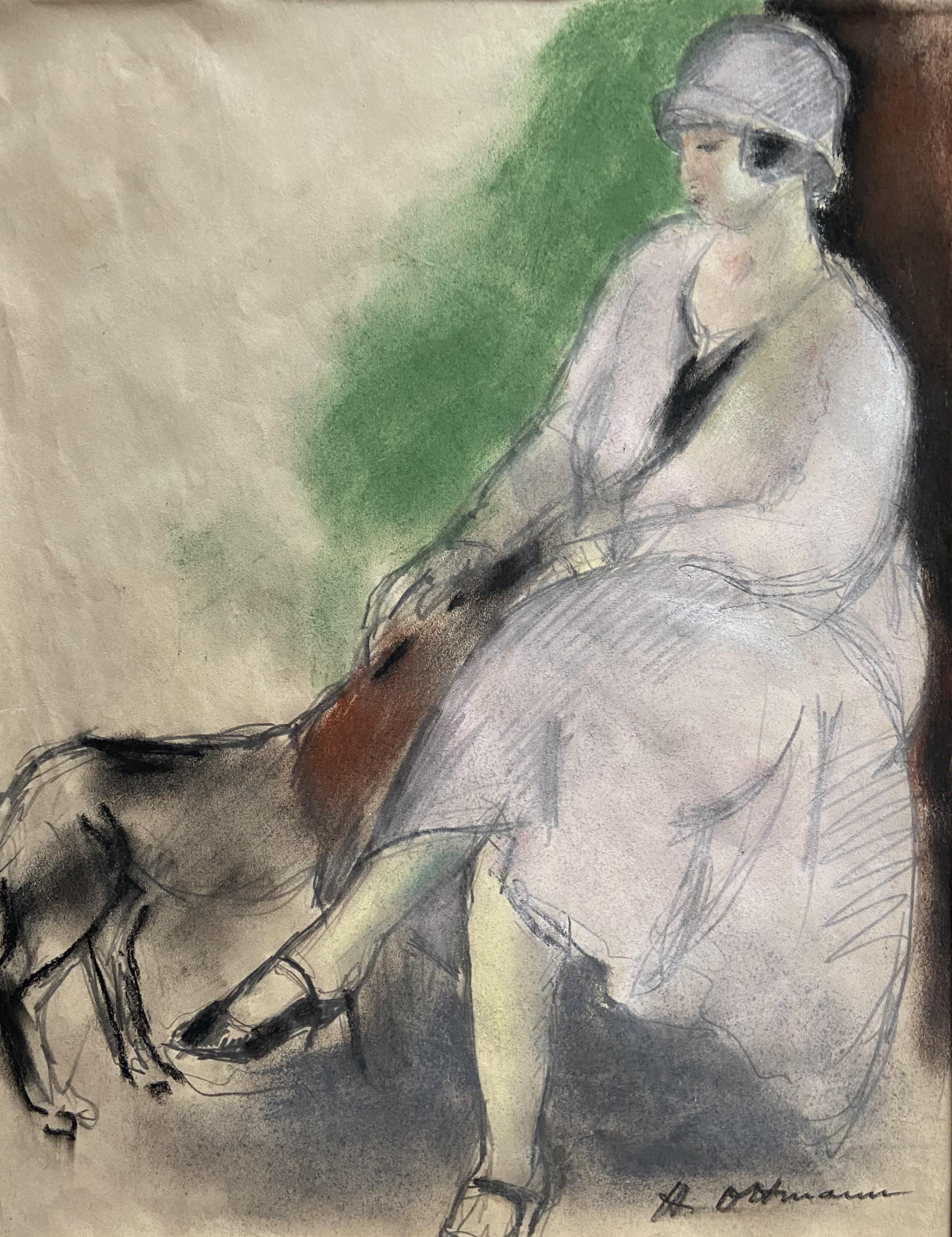 Henry Ottmann (1877-1927) Élégante au chien 1925, Pastell signiert