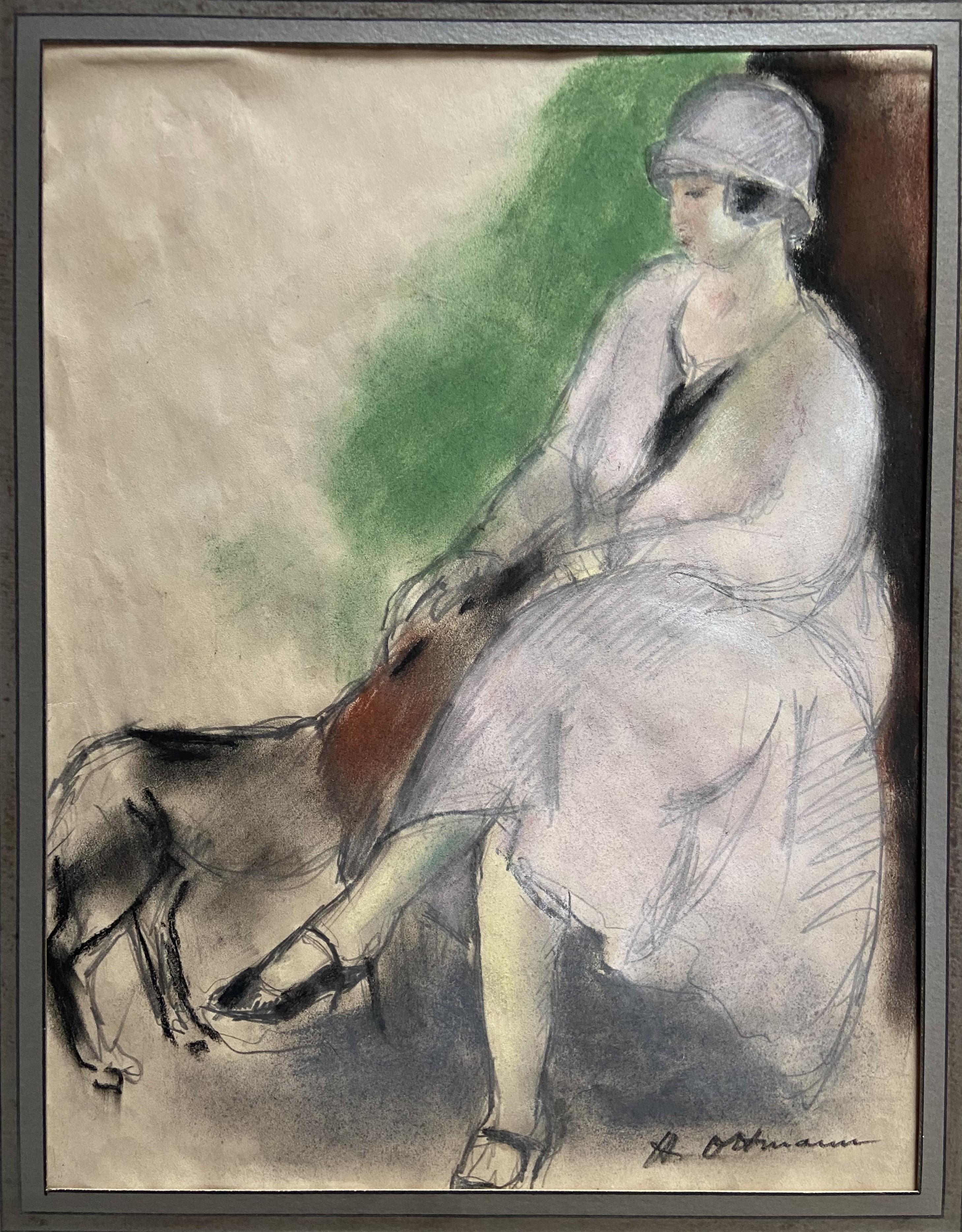 Henry Ottmann (1877-1927) Élégante au chien 1925, Pastell signiert (Art déco), Art, von Henri Ottmann