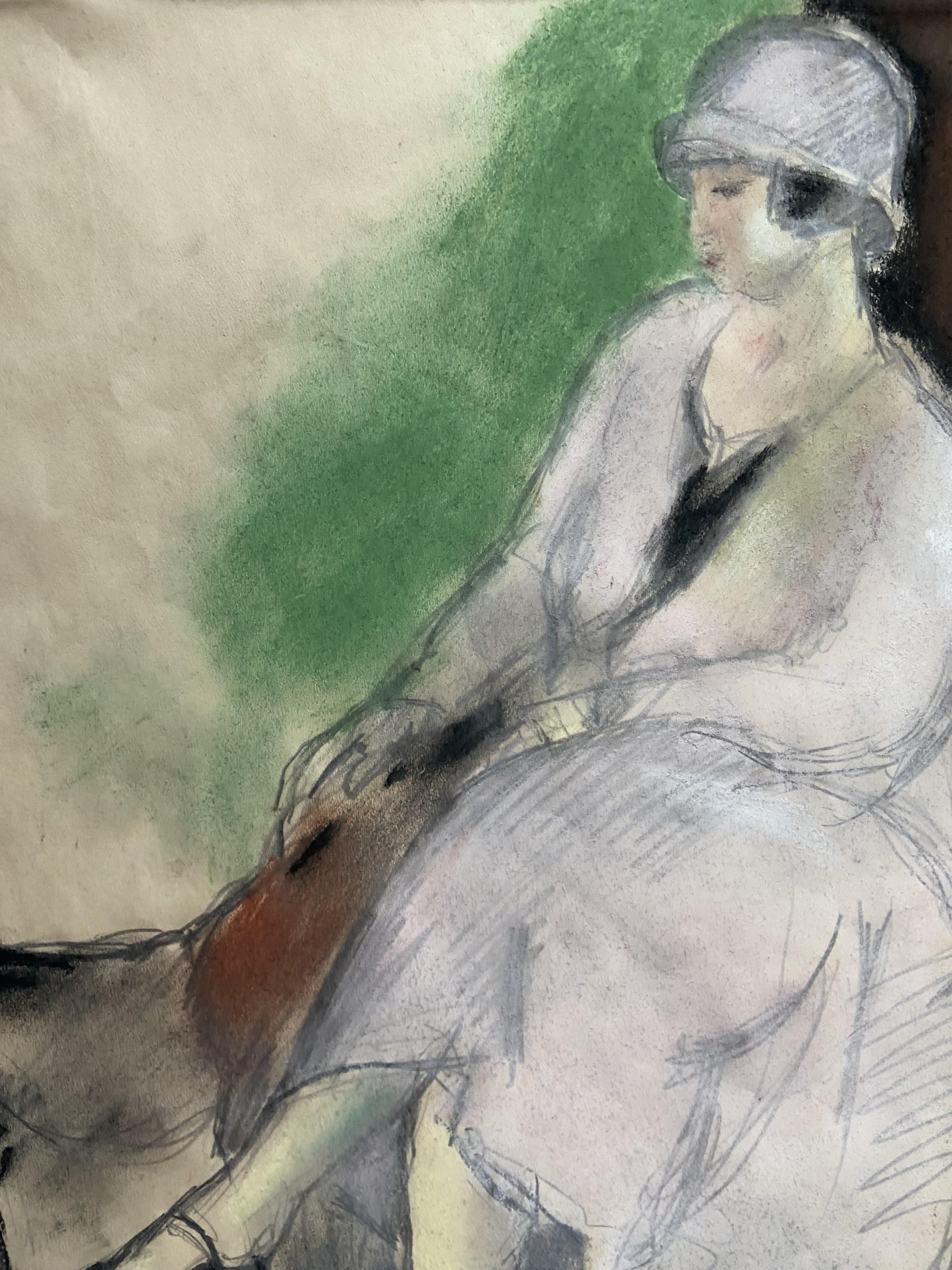 Henry Ottmann (1877-1927) Élégante au chien 1925, Pastell signiert (Grau), Portrait, von Henri Ottmann