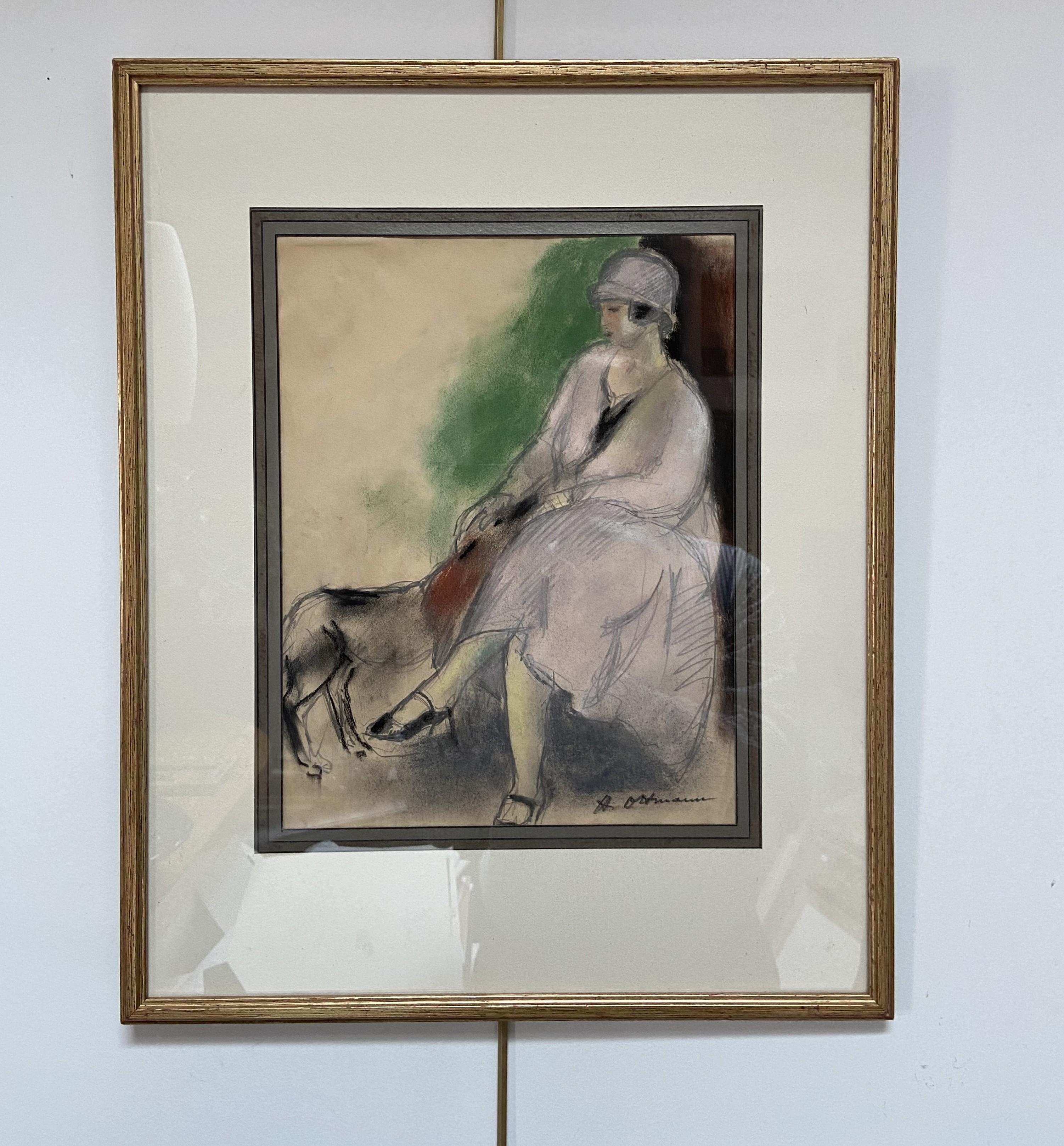 Henry Ottmann (1877-1927) Élégante au chien 1925, Pastell signiert im Angebot 2
