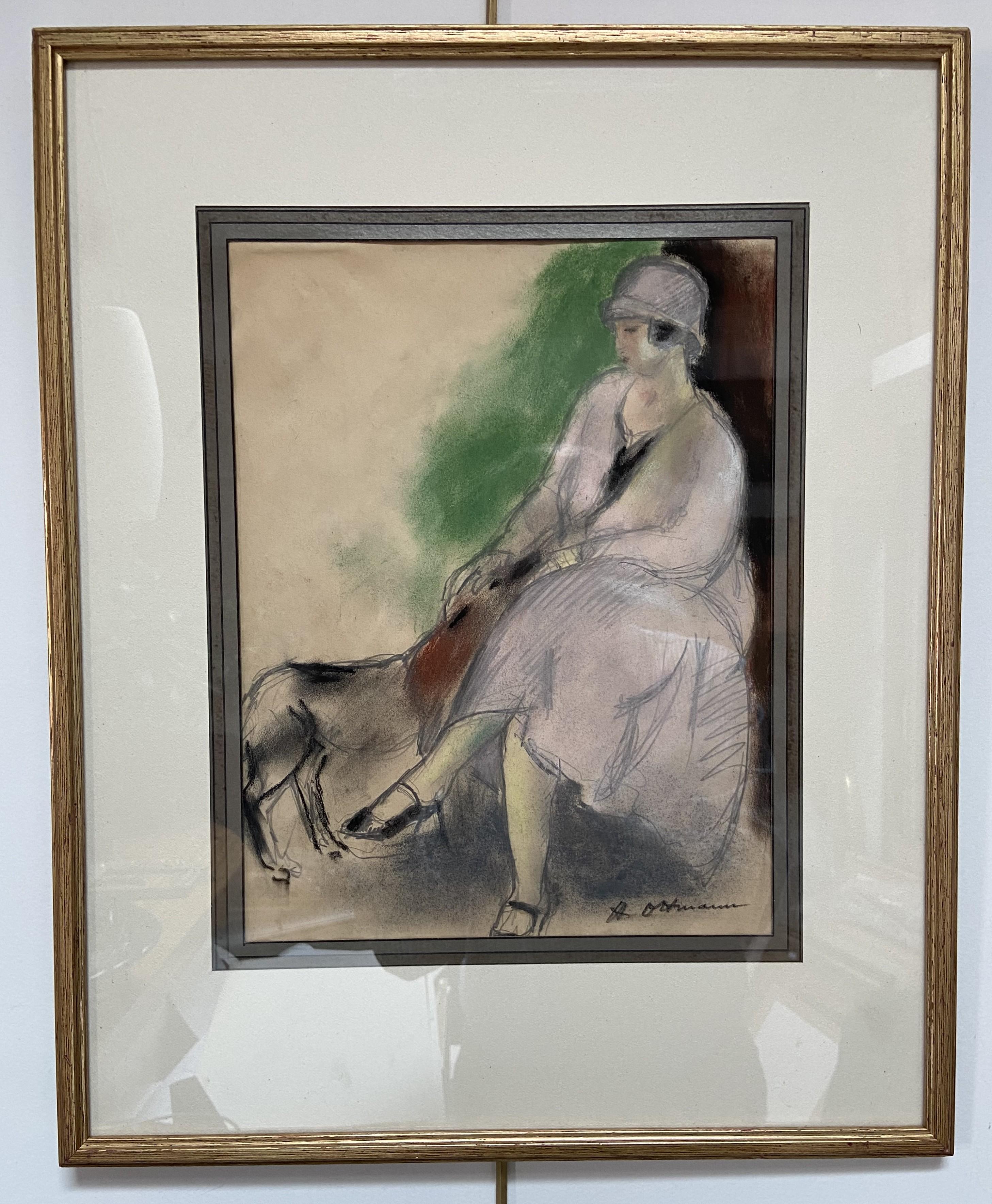 Henry Ottmann (1877-1927) Élégante au chien 1925, Pastell signiert – Art von Henri Ottmann