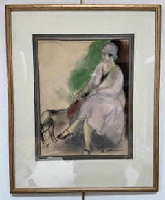 Henry Ottmann (1877-1927) Élégante au chien 1925, pastel signed