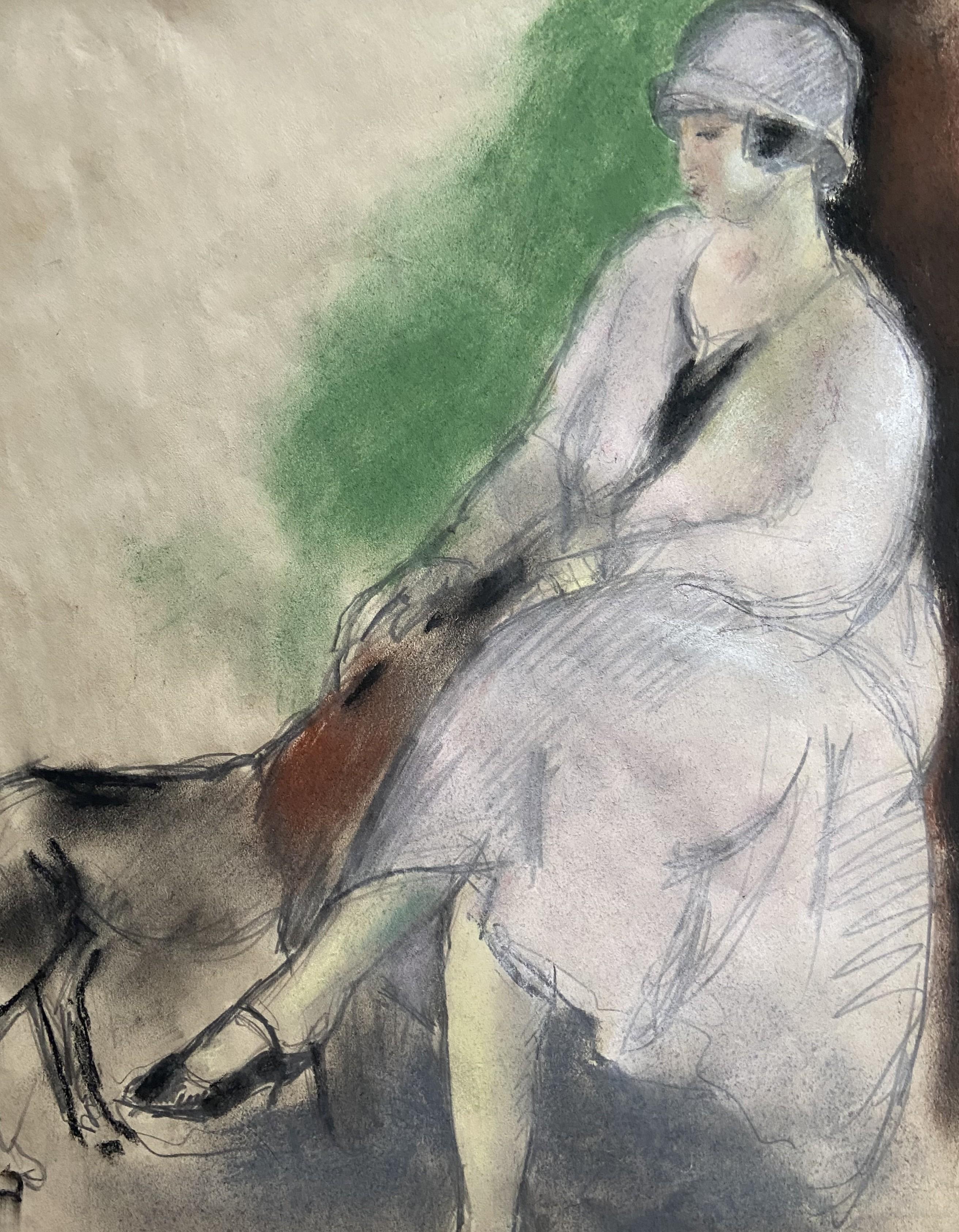 Henry Ottmann (1877-1927) Élégante au chien 1925, Pastell signiert im Angebot 1