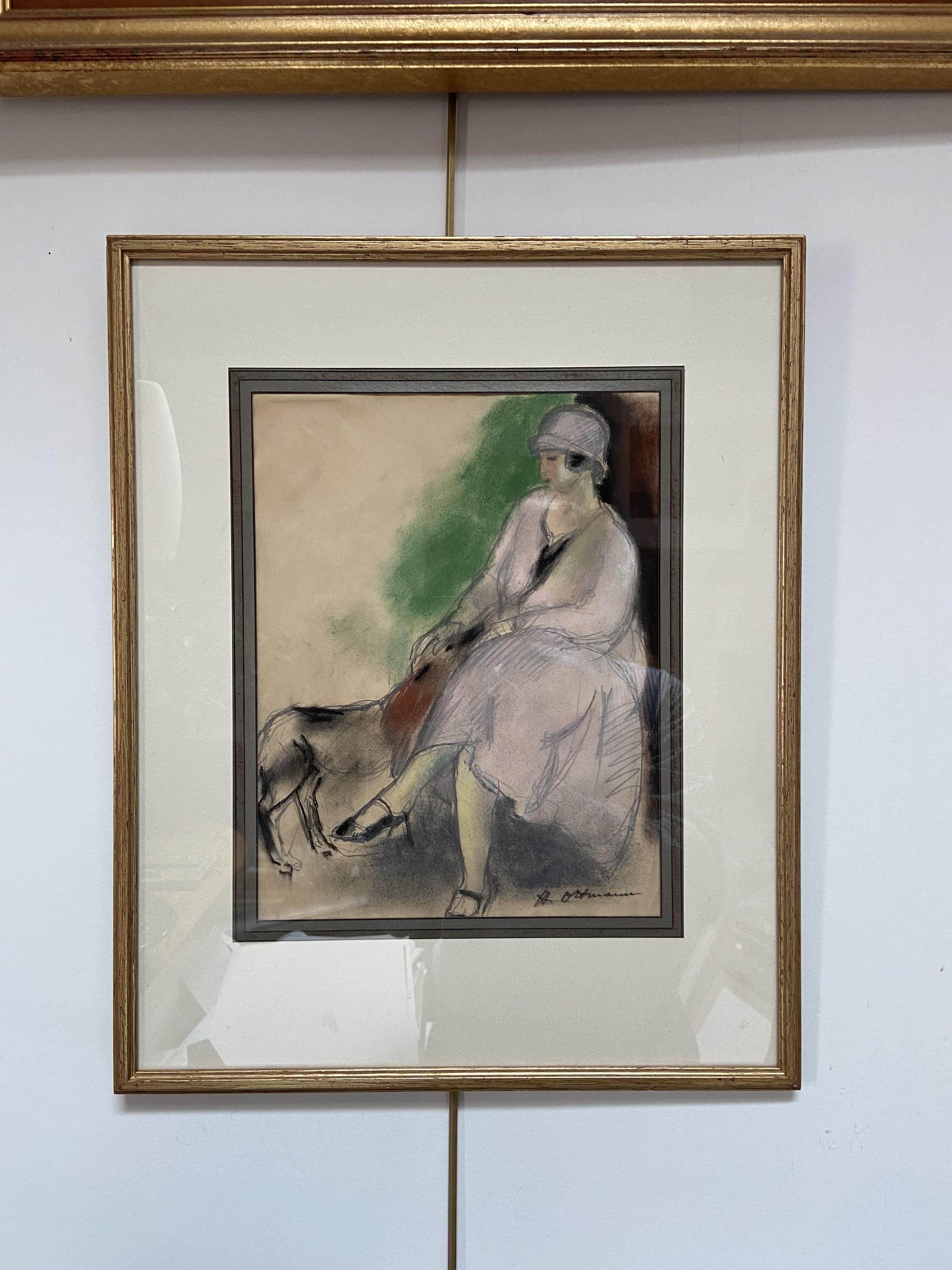 Henry Ottmann (1877-1927) Élégante au chien 1925, Pastell signiert im Angebot 3