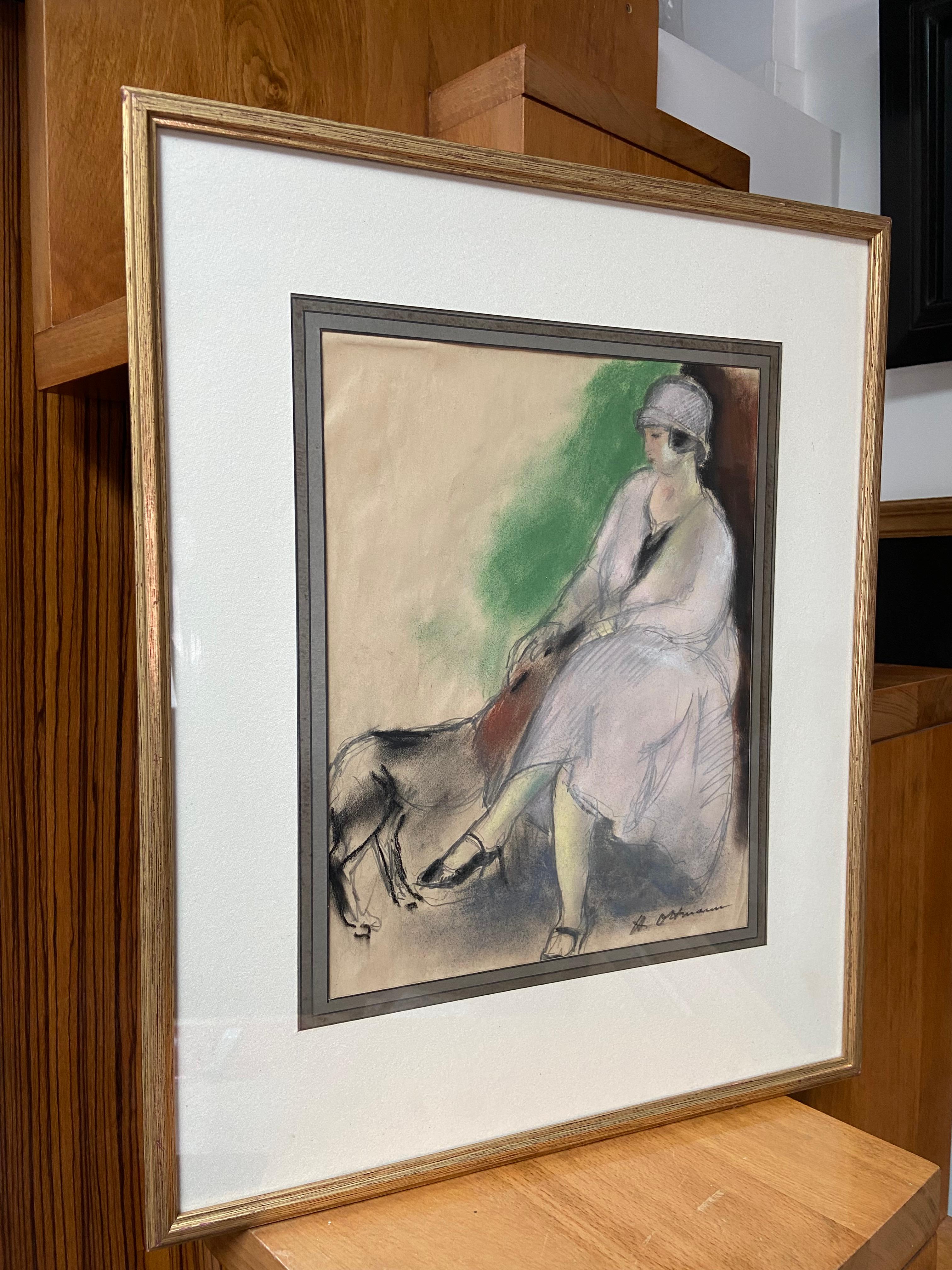 Henry Ottmann (1877-1927) Élégante au chien 1925, Pastell signiert im Angebot 5