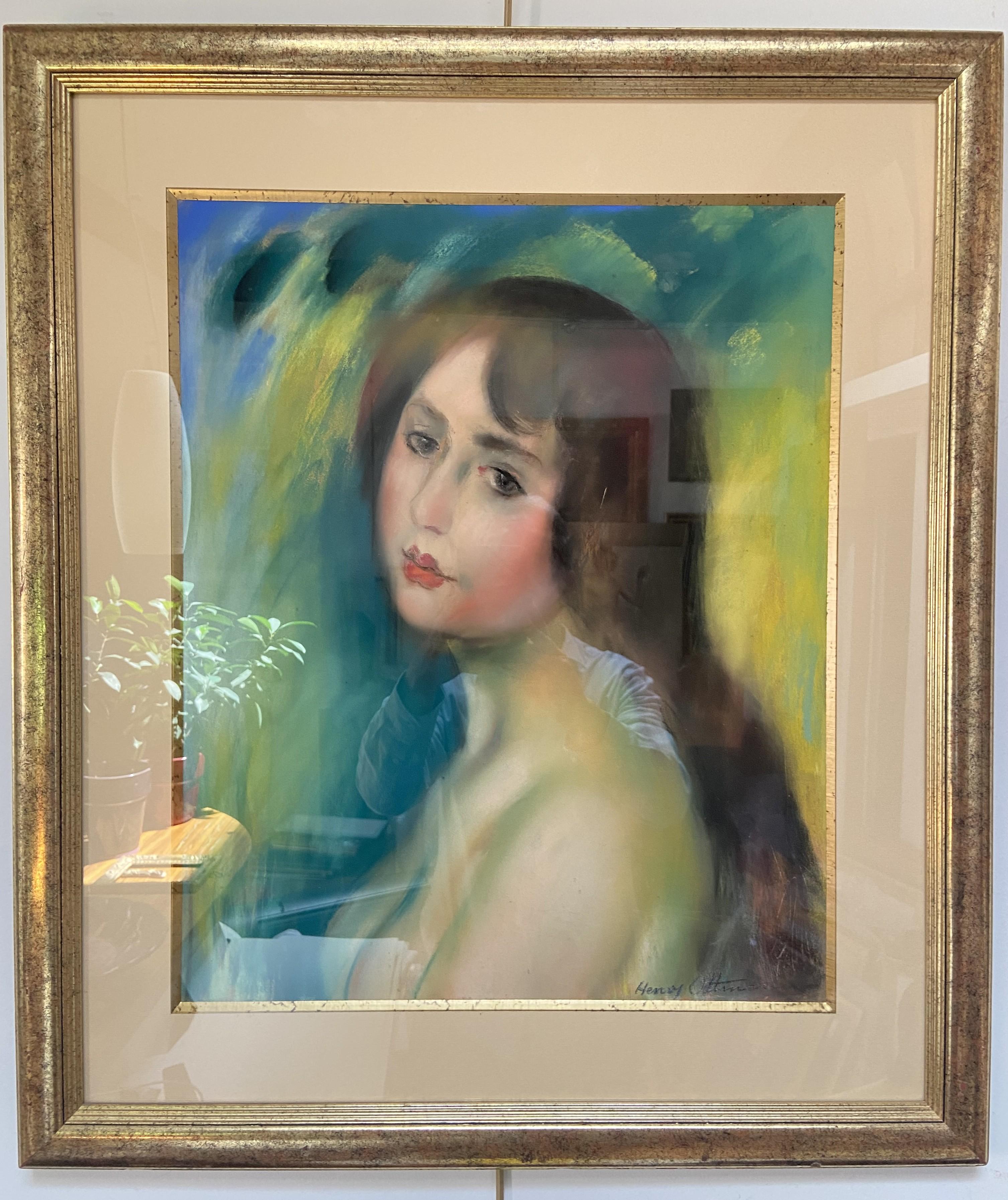 Henry Ottmann (1877-1927) Retrato de busto de mujer, al pastel firmado - Figurative Art Gris de Henri Ottmann