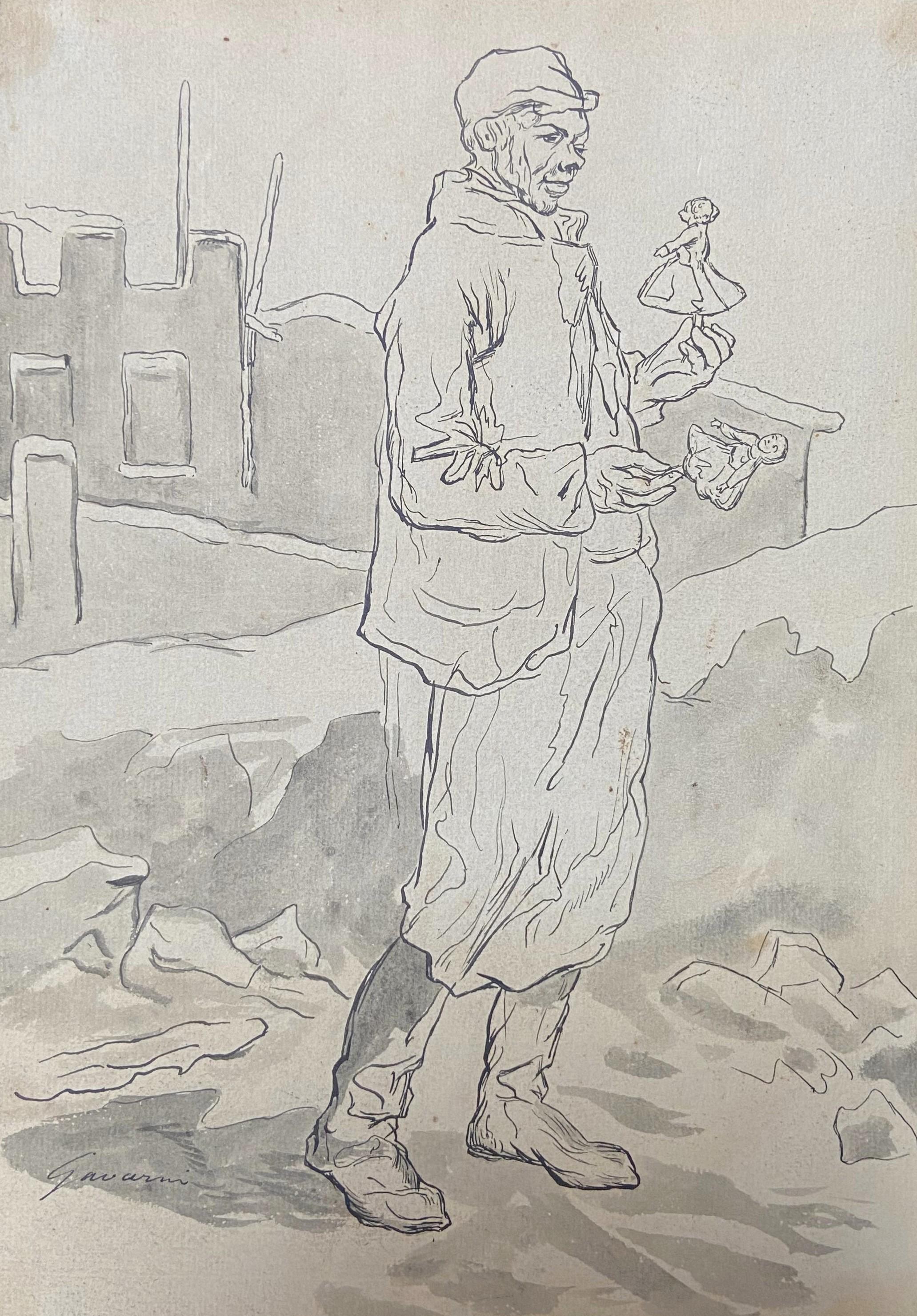 Paul Gavarni (1804-1866) Il burattinaio, "Janvier", disegno originale firmato