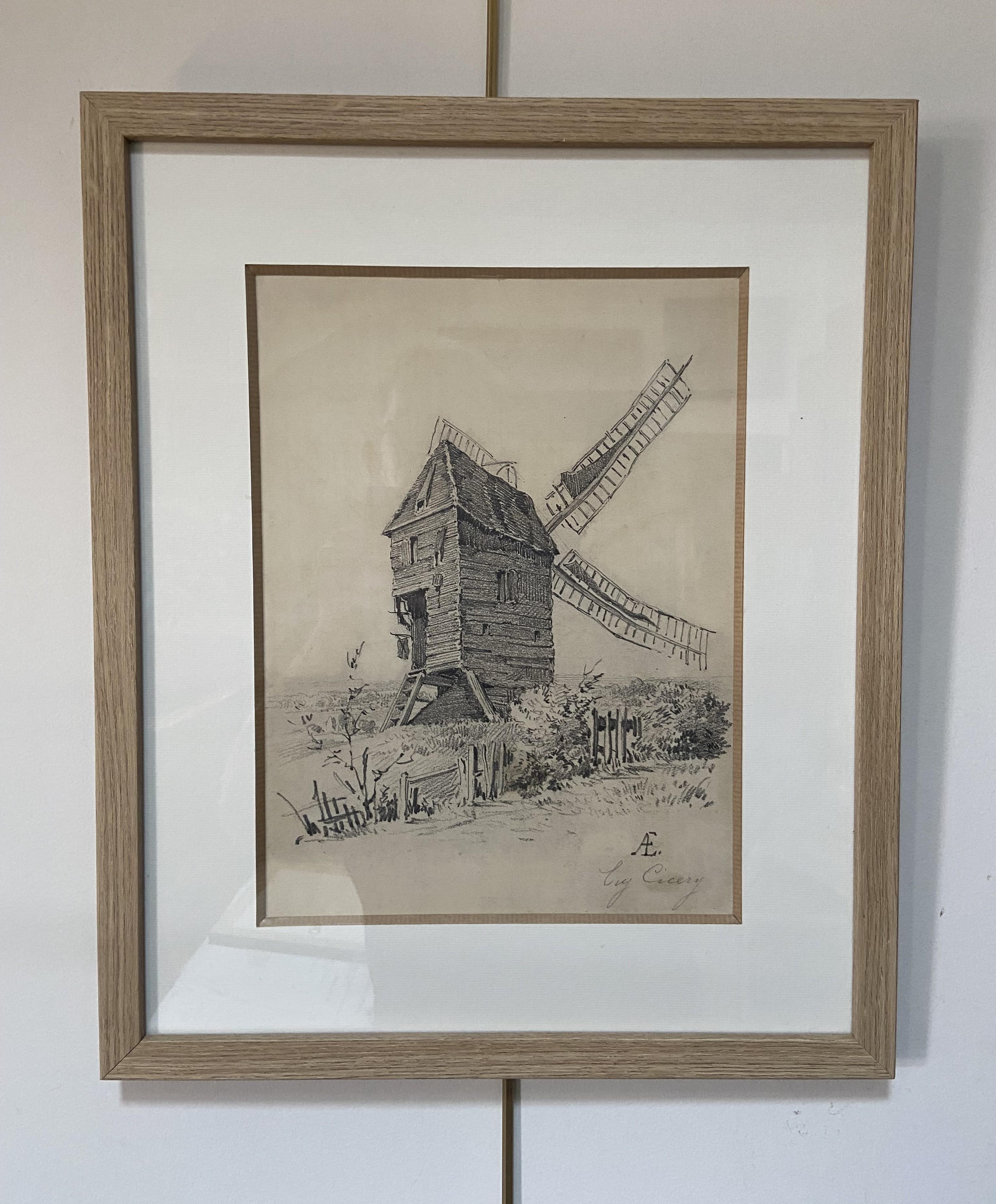 Eugène Cicéri (1813-1890) The Mill, original signed drawing - Romantic Art by Eugene Ciceri