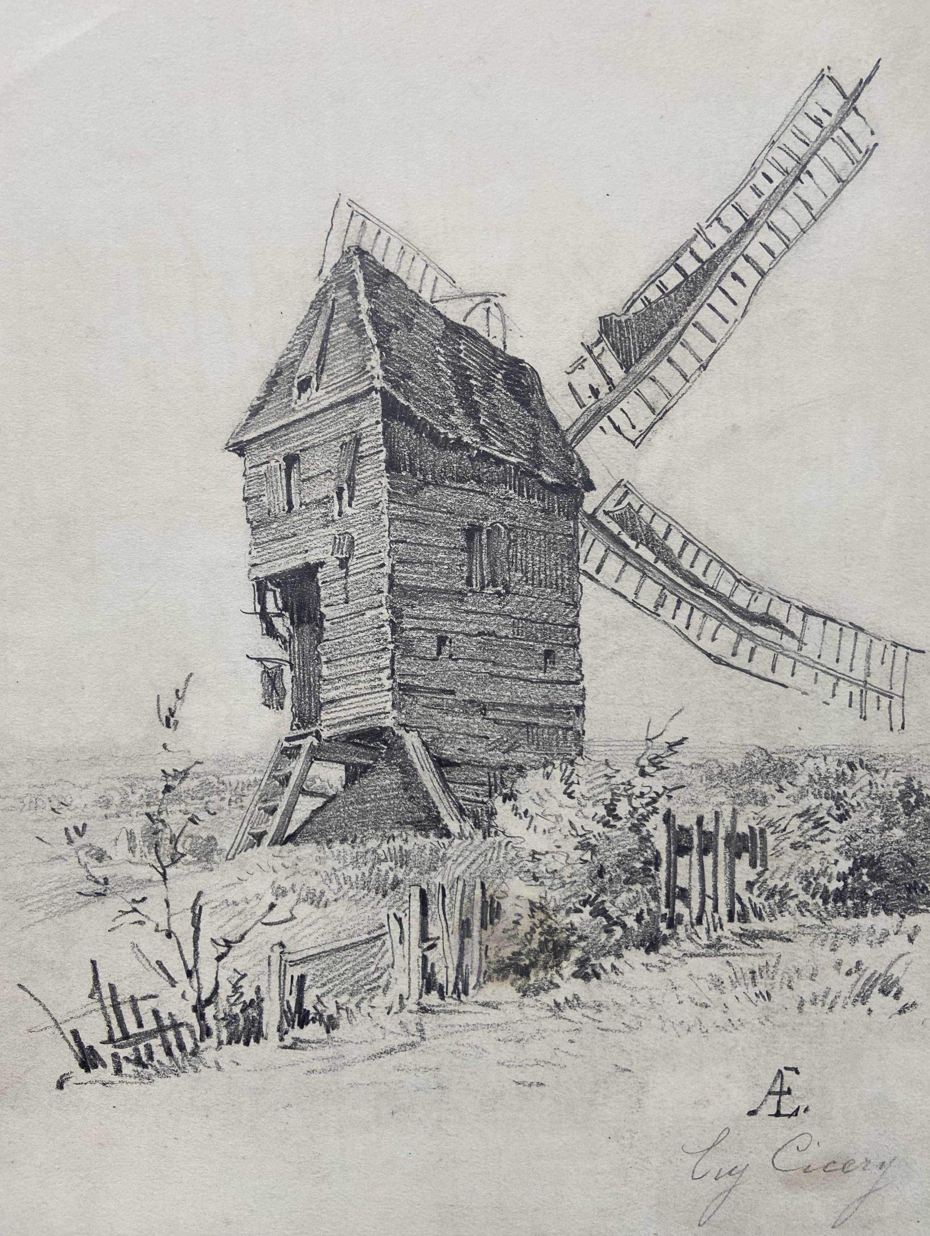 Eugène Cicéri (1813-1890) The Mill, original signed drawing - Gray Landscape Art by Eugene Ciceri