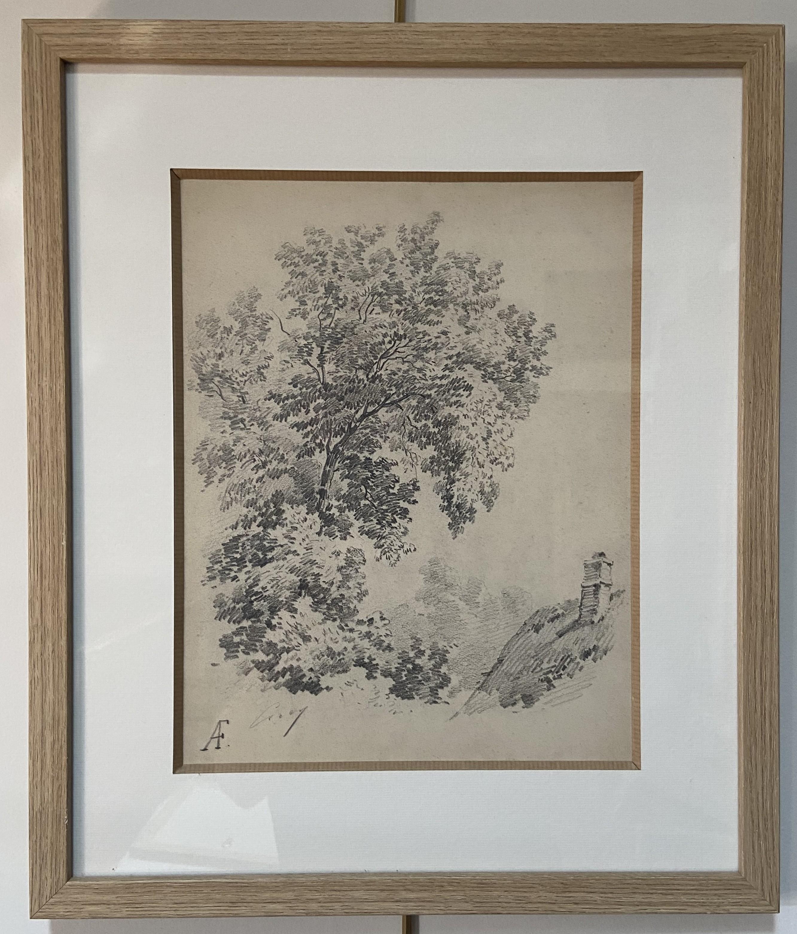 Eugène Cicéri (1813-1890) Un árbol sobre una casa de campo, dibujo original firmado - Art de Eugene Ciceri