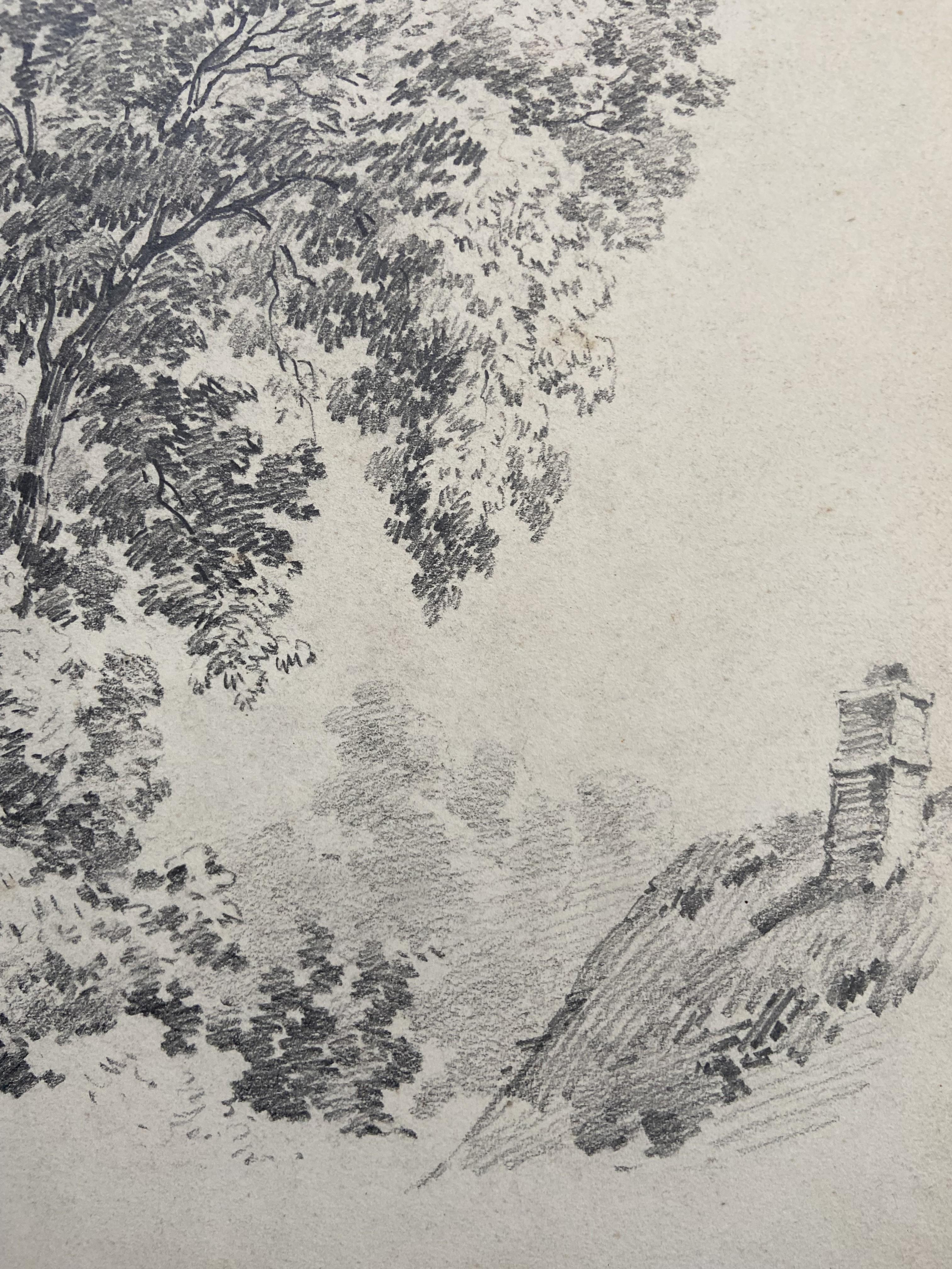 Eugène Cicéri (1813-1890) Un árbol sobre una casa de campo, dibujo original firmado - Figurative Art Gris de Eugene Ciceri