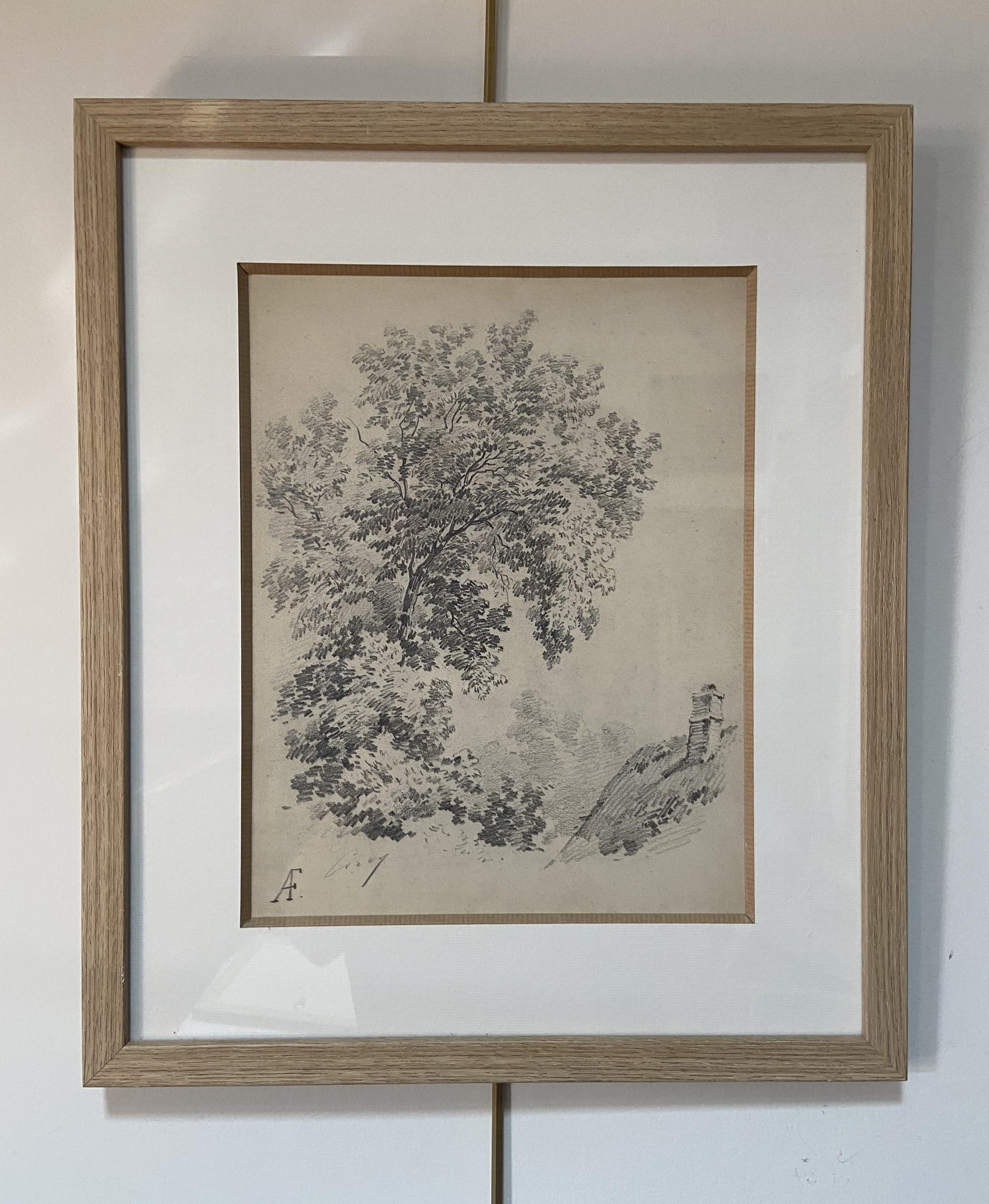 Eugène Cicéri (1813-1890) Un árbol sobre una casa de campo, dibujo original firmado 2
