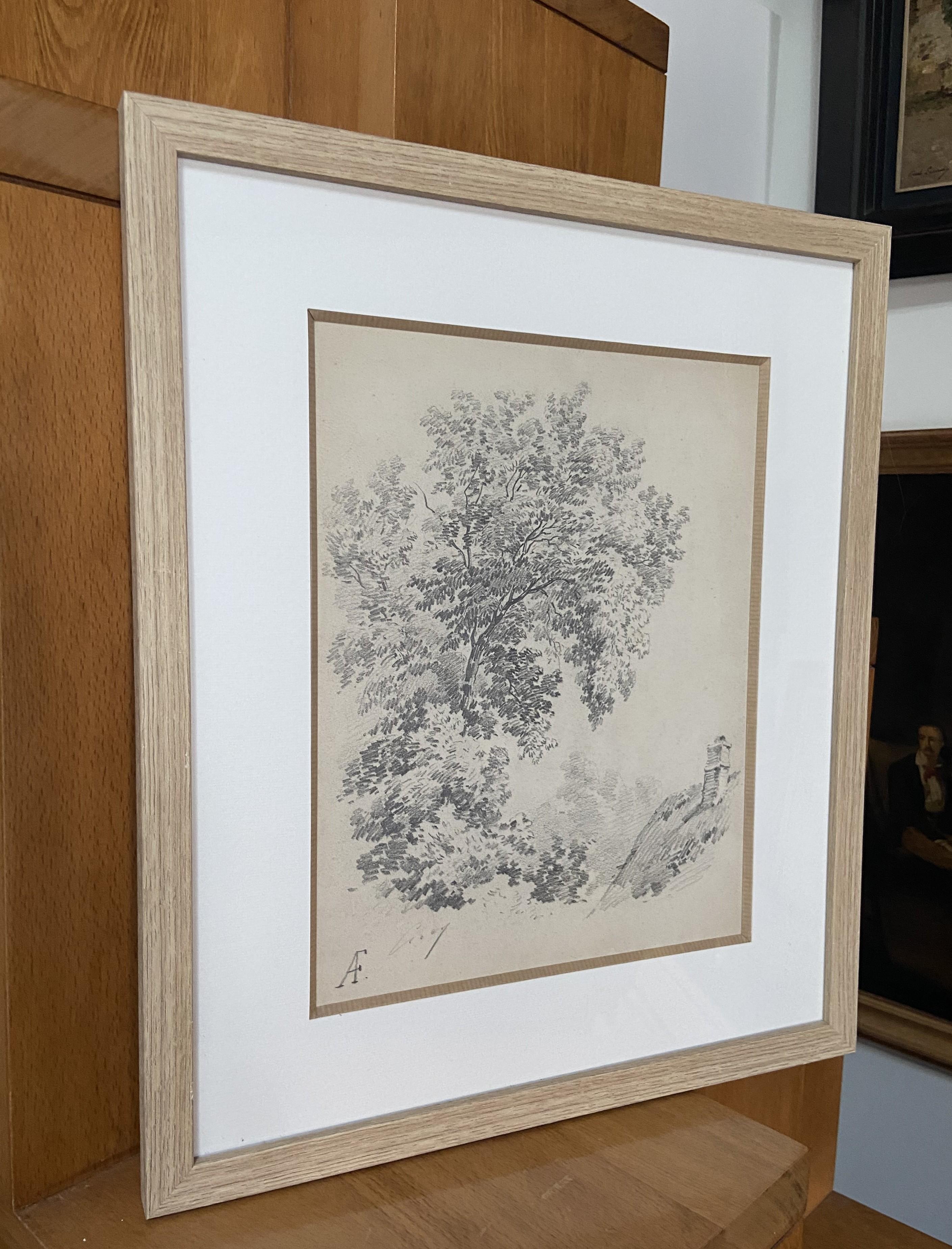 Eugène Cicéri (1813-1890) Un árbol sobre una casa de campo, dibujo original firmado 6