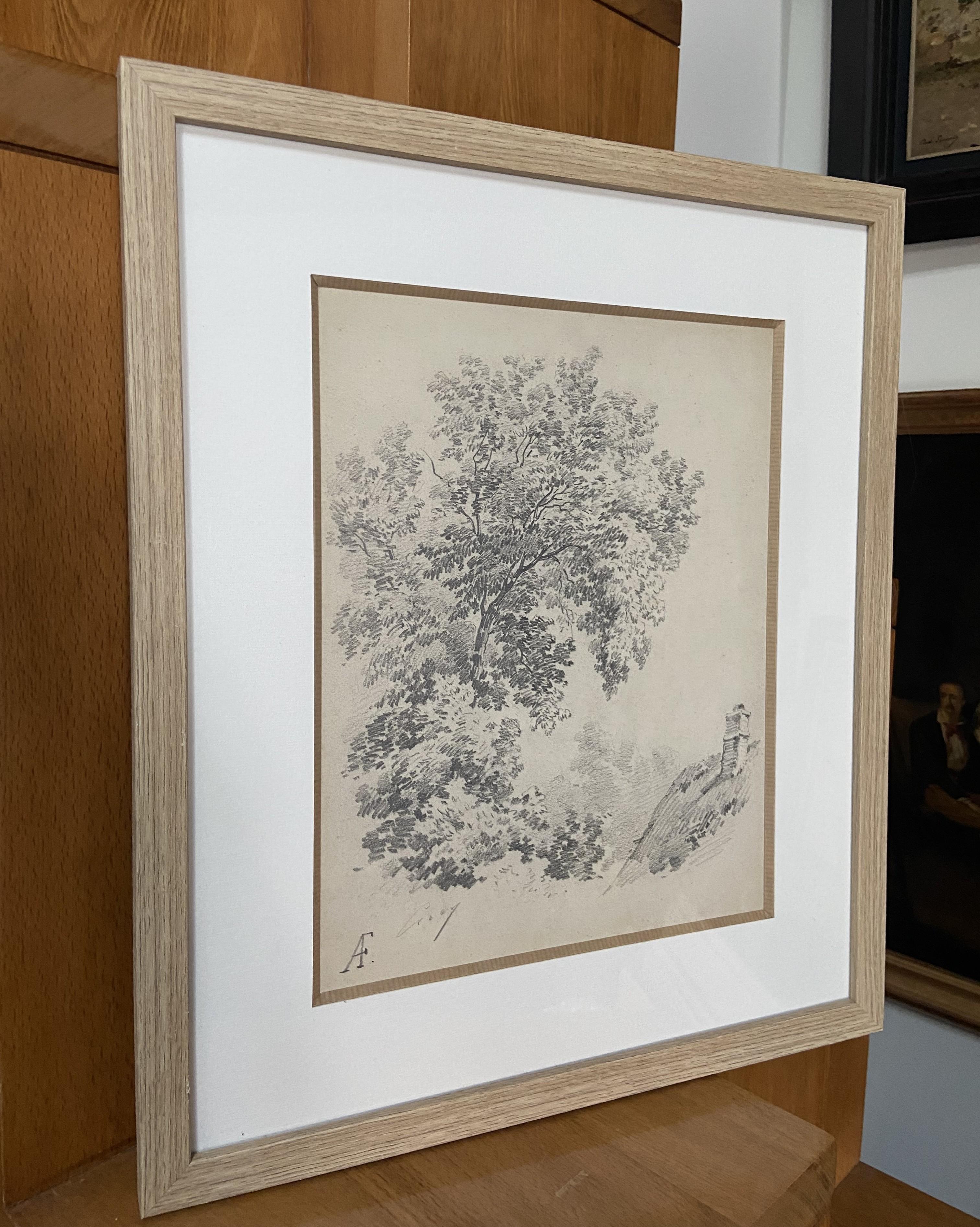 Eugène Cicéri (1813-1890) Un árbol sobre una casa de campo, dibujo original firmado 5