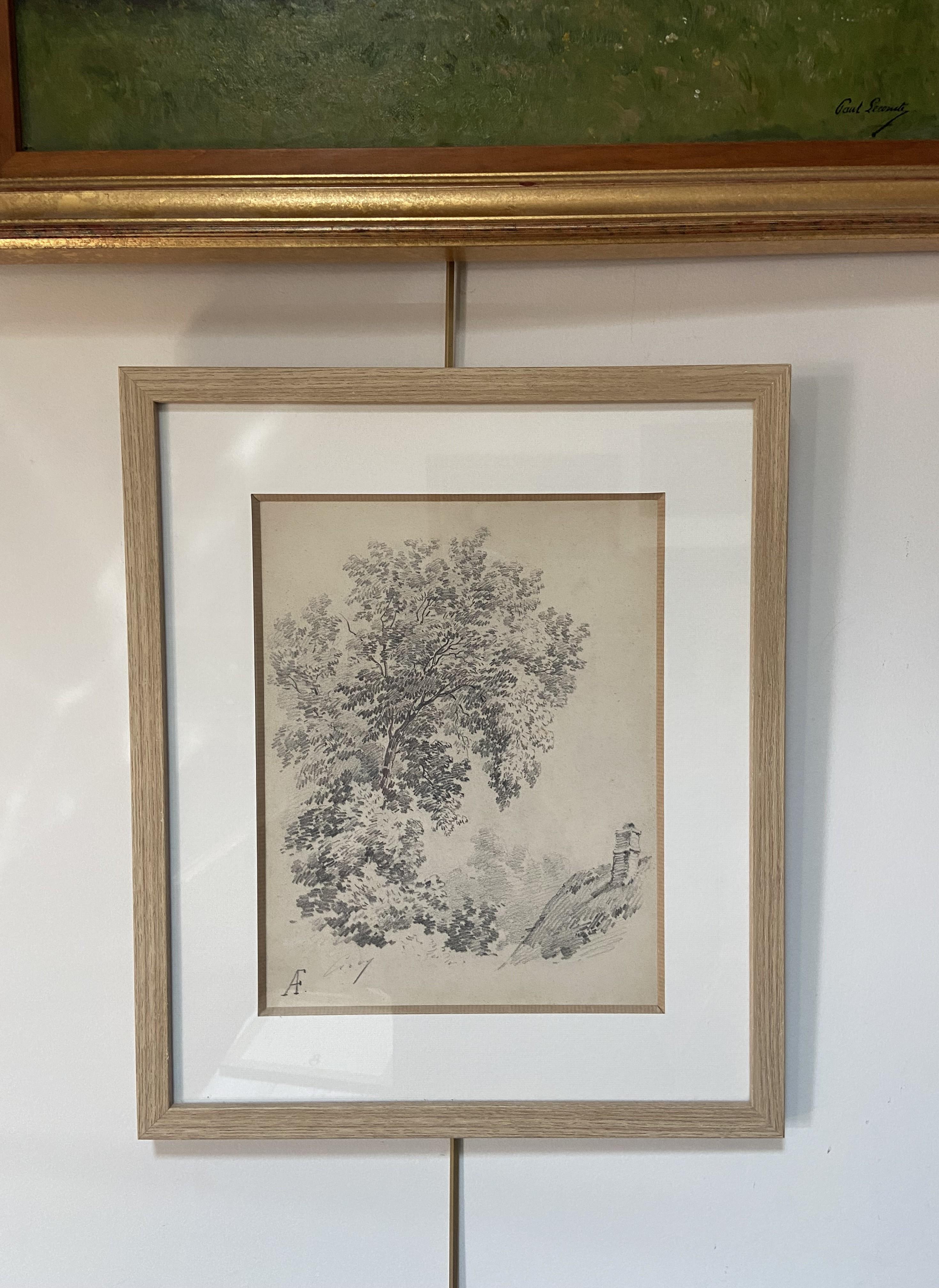 Eugène Cicéri (1813-1890) Un árbol sobre una casa de campo, dibujo original firmado 4