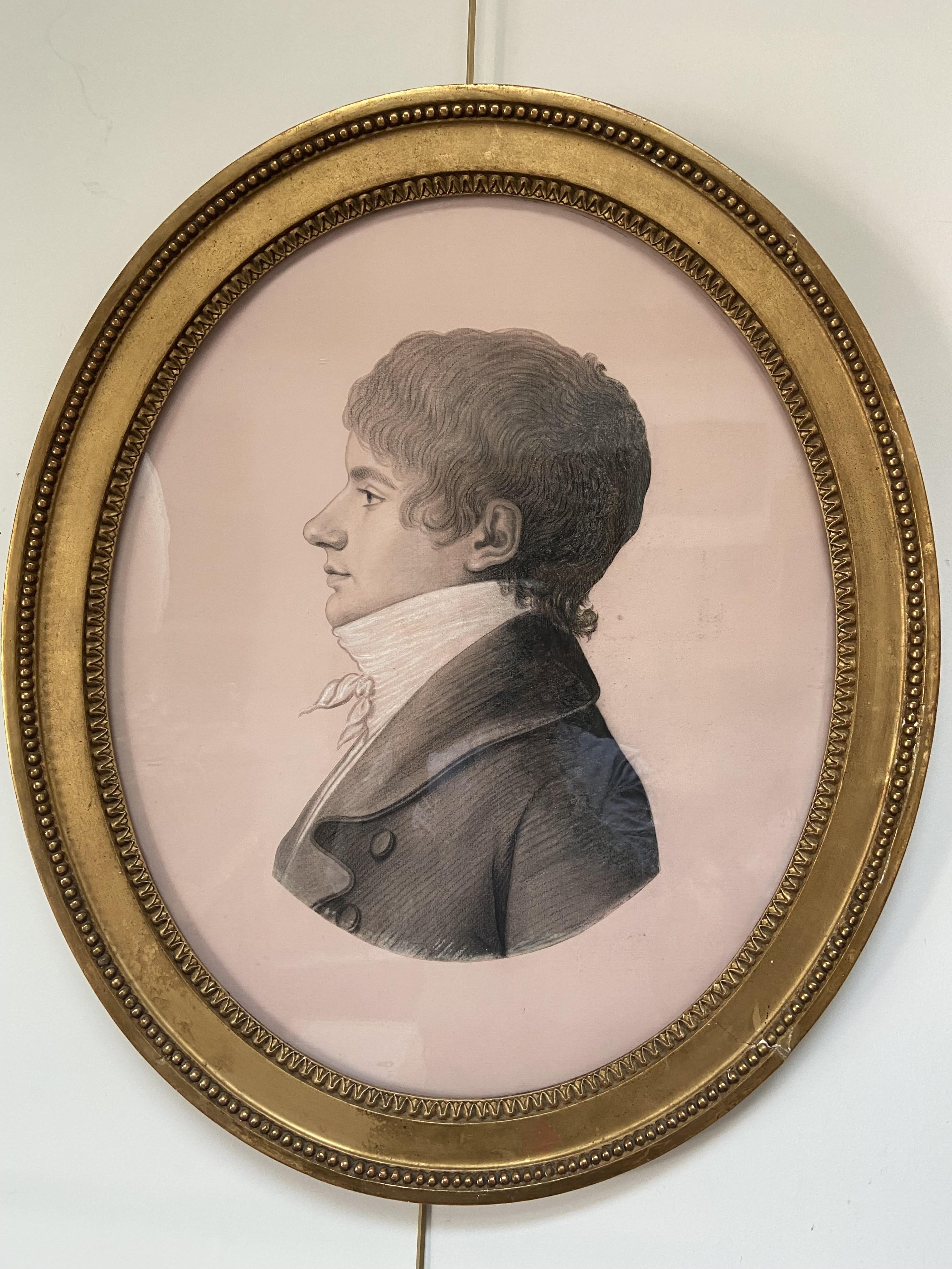 Französische Schule des frühen 19. Jahrhunderts, Porträt eines Mannes im Profil, ovale Zeichnung – Art von Unknown