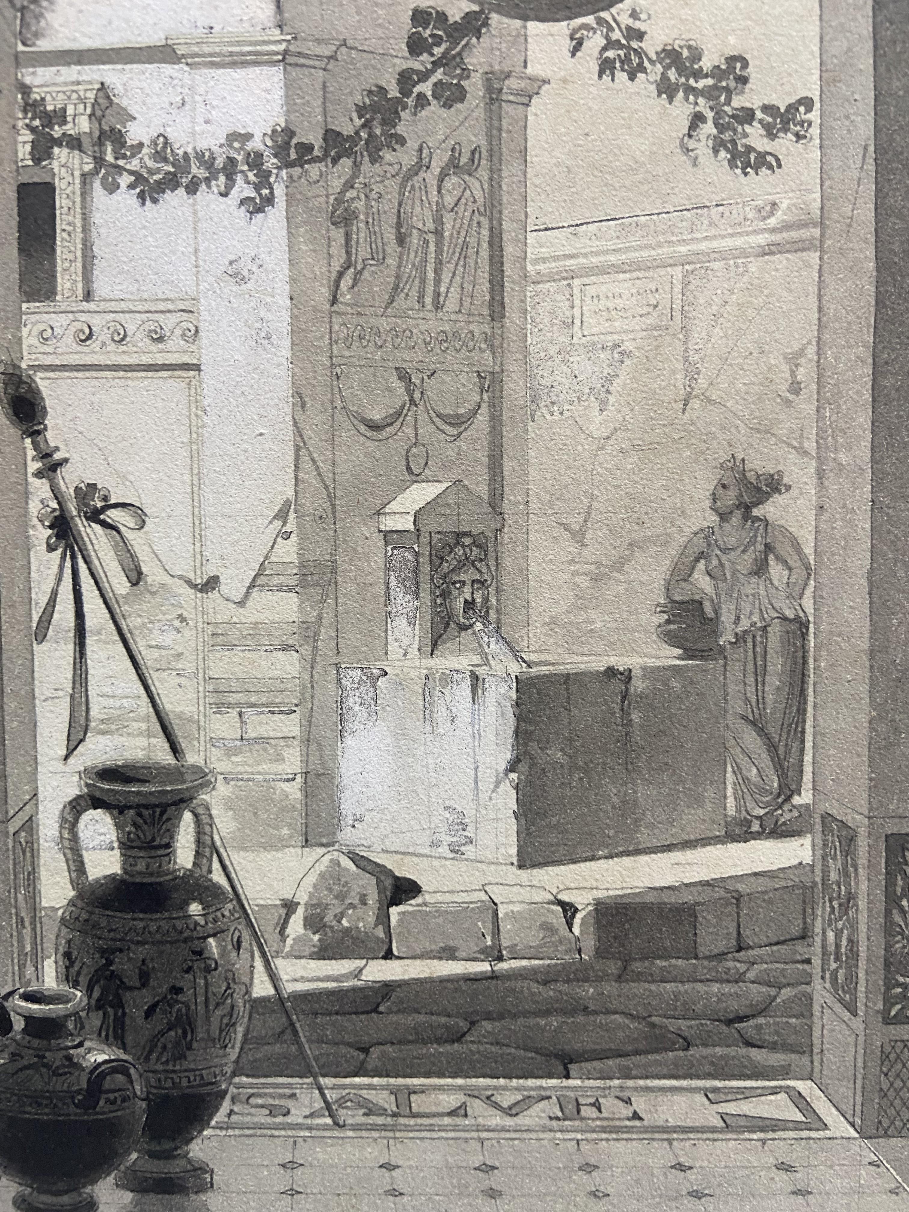 École romantique française, Vue d'un atrium romantique, dessin - Gris Interior Art par Unknown