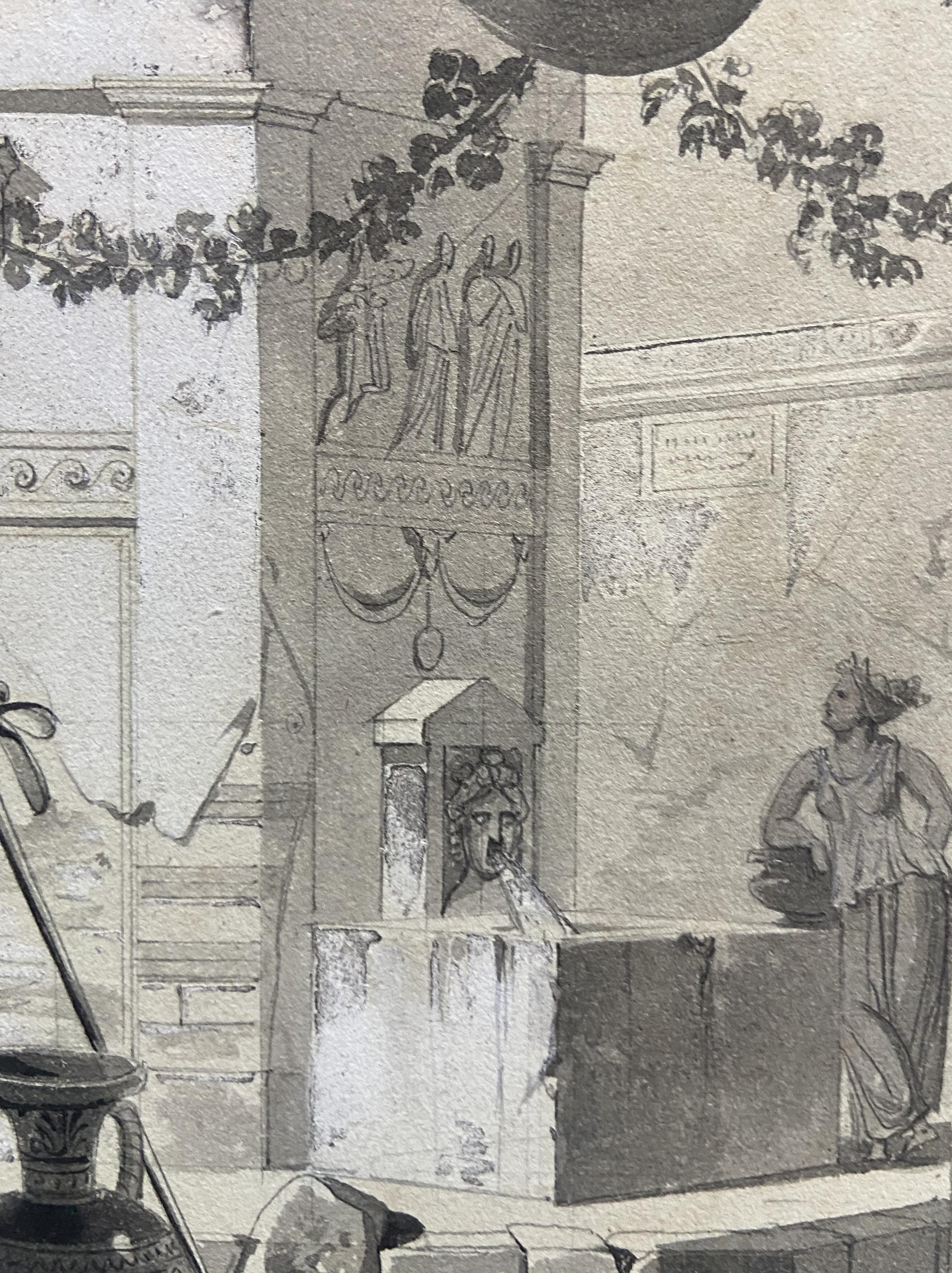 École romantique française, Vue d'un atrium romantique, dessin en vente 2
