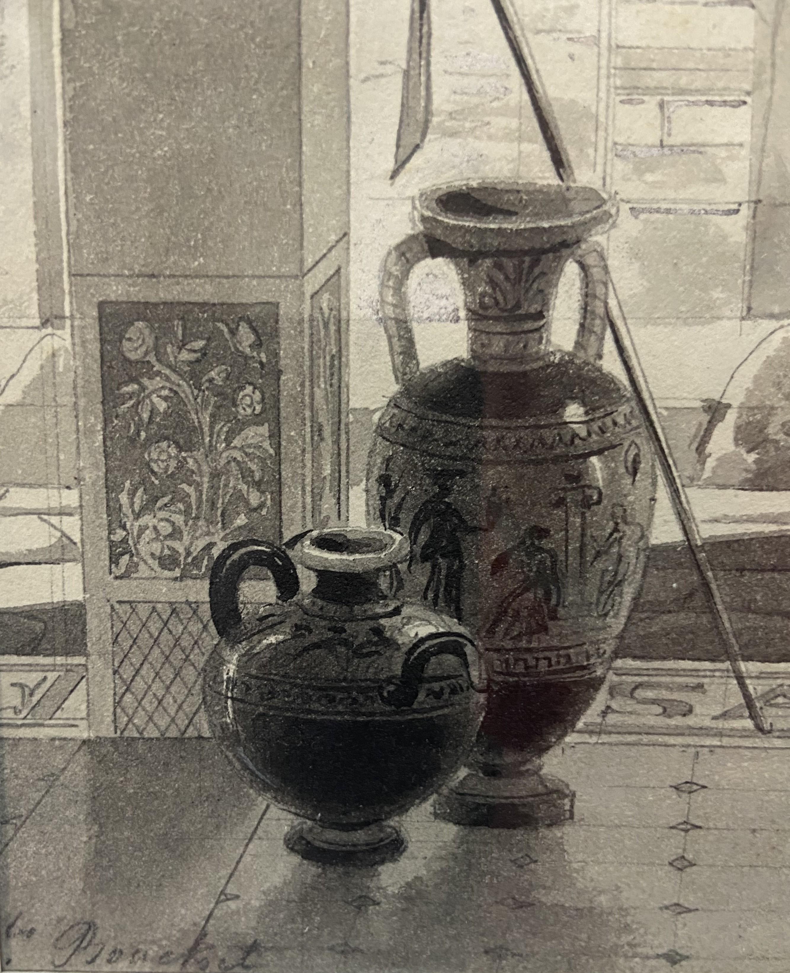 École romantique française, Vue d'un atrium romantique, dessin en vente 3