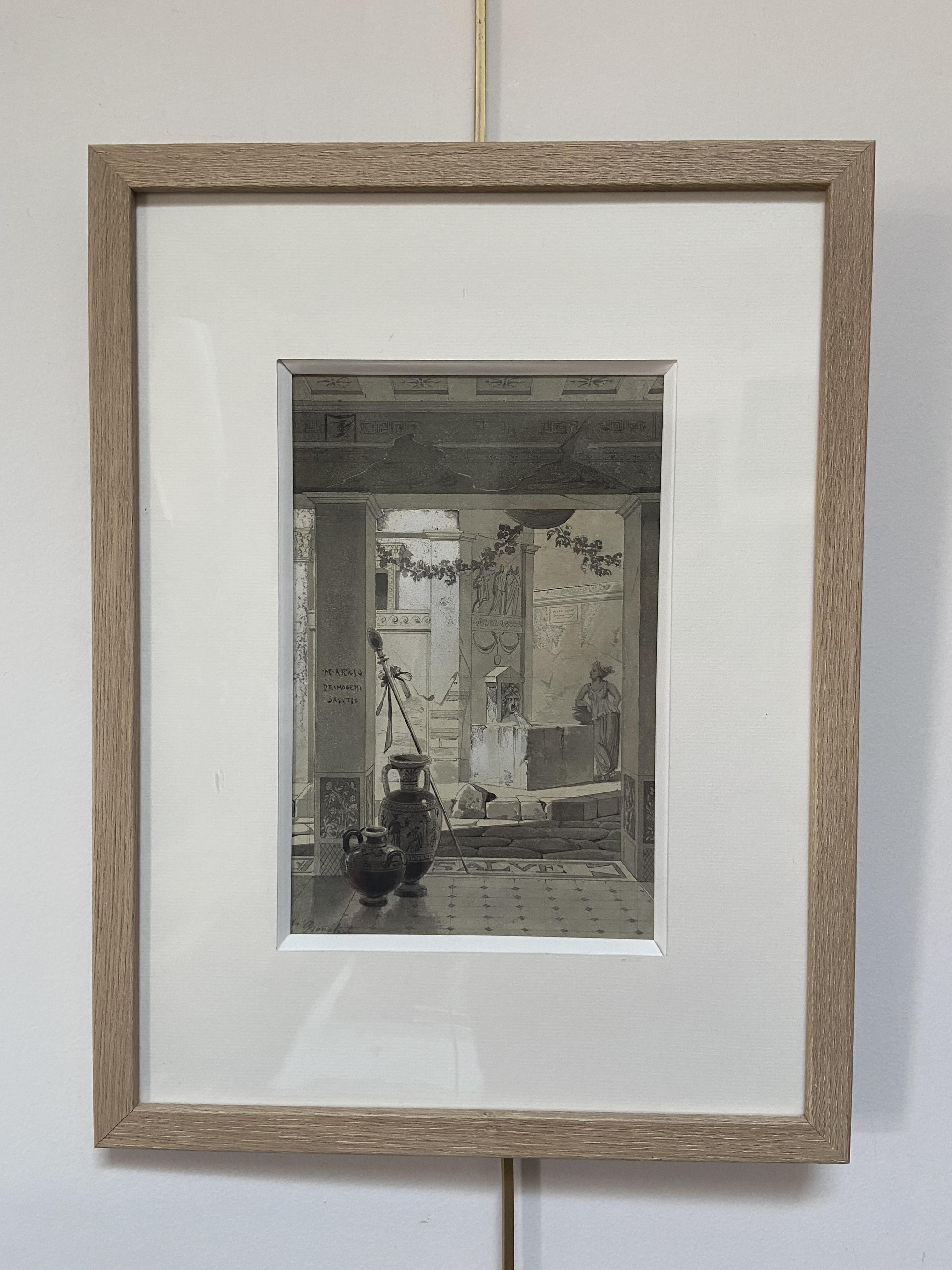 École romantique française, Vue d'un atrium romantique, dessin - Art de Unknown