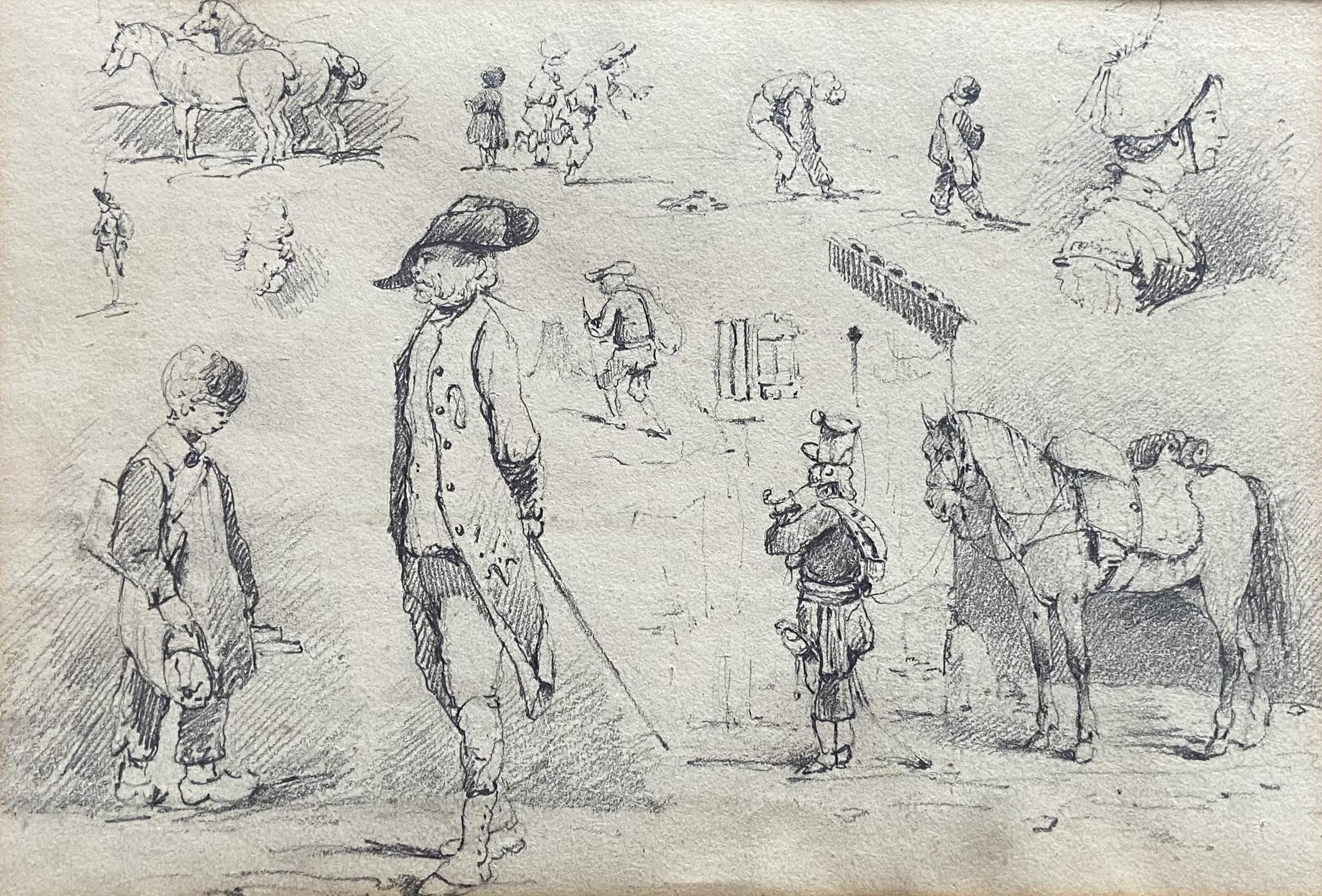 19th Century French School, Studies of horses and small scenes, original drawing - Art by Unknown