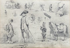 École française du 19e siècle, études de chevaux et petites scènes, dessin original