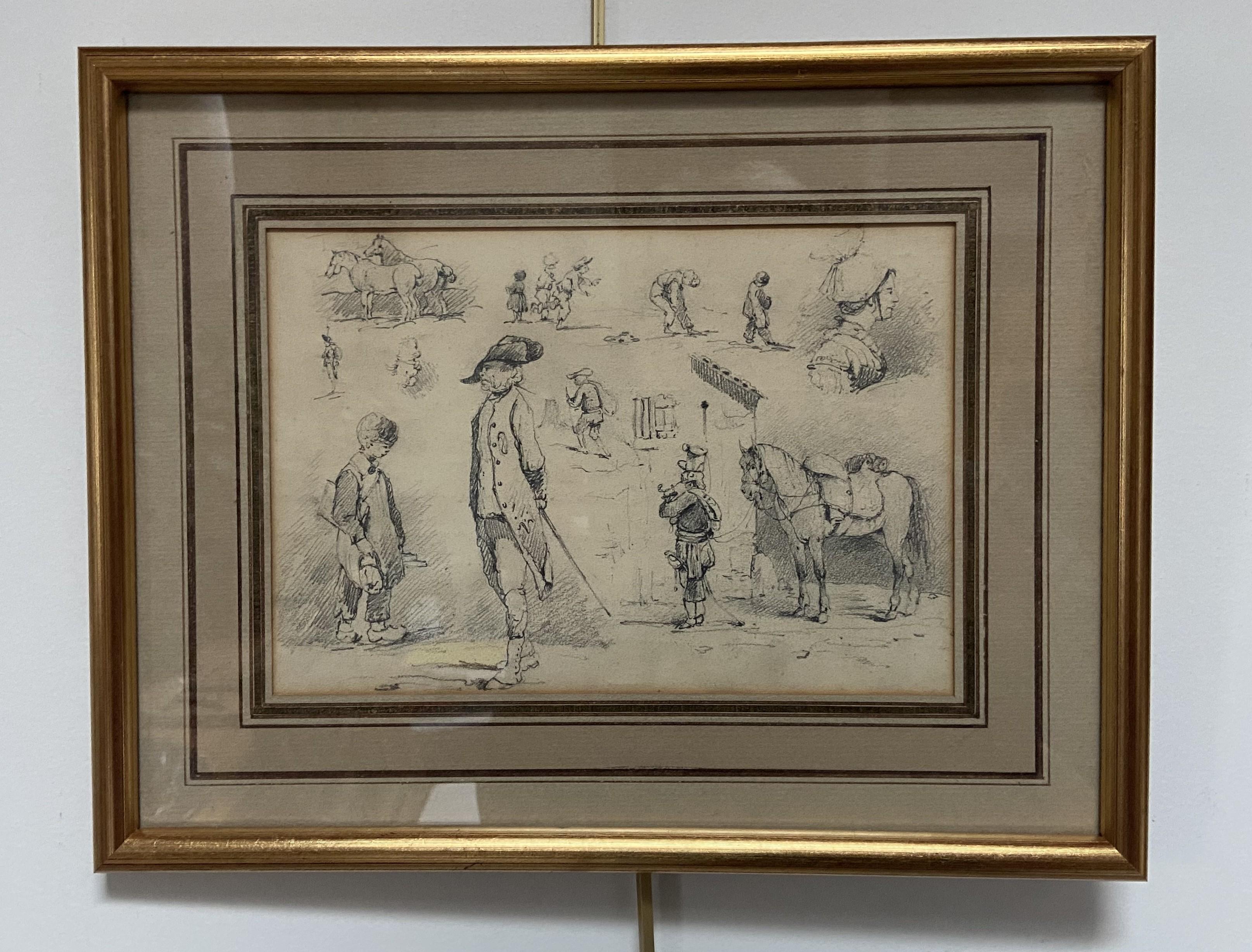 19th Century French School, Studies of horses and small scenes, original drawing - Romantic Art by Unknown