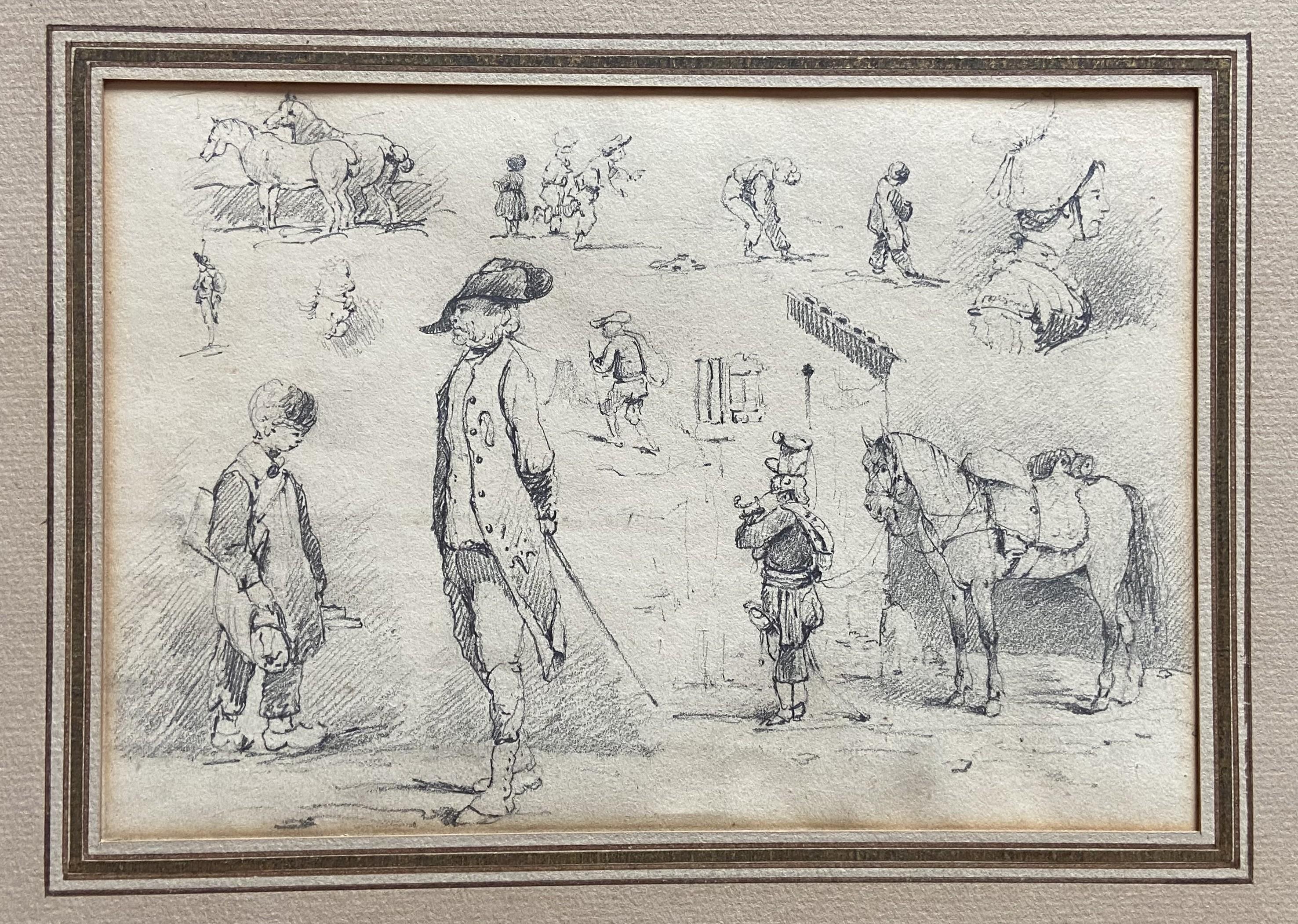 19th Century French School, Studies of horses and small scenes, original drawing - Gray Animal Art by Unknown