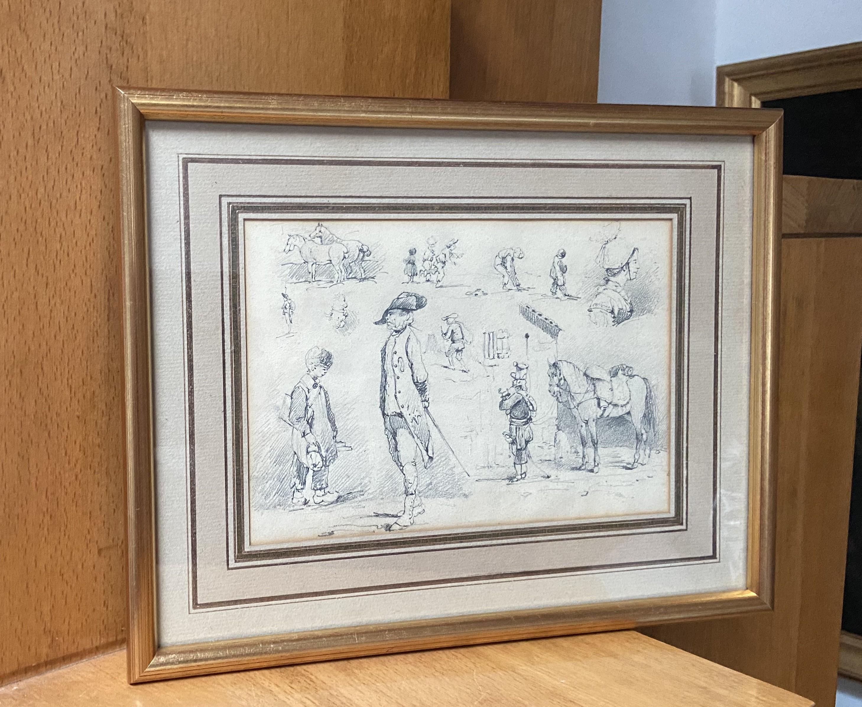 19th Century French School, Studies of horses and small scenes, original drawing For Sale 5
