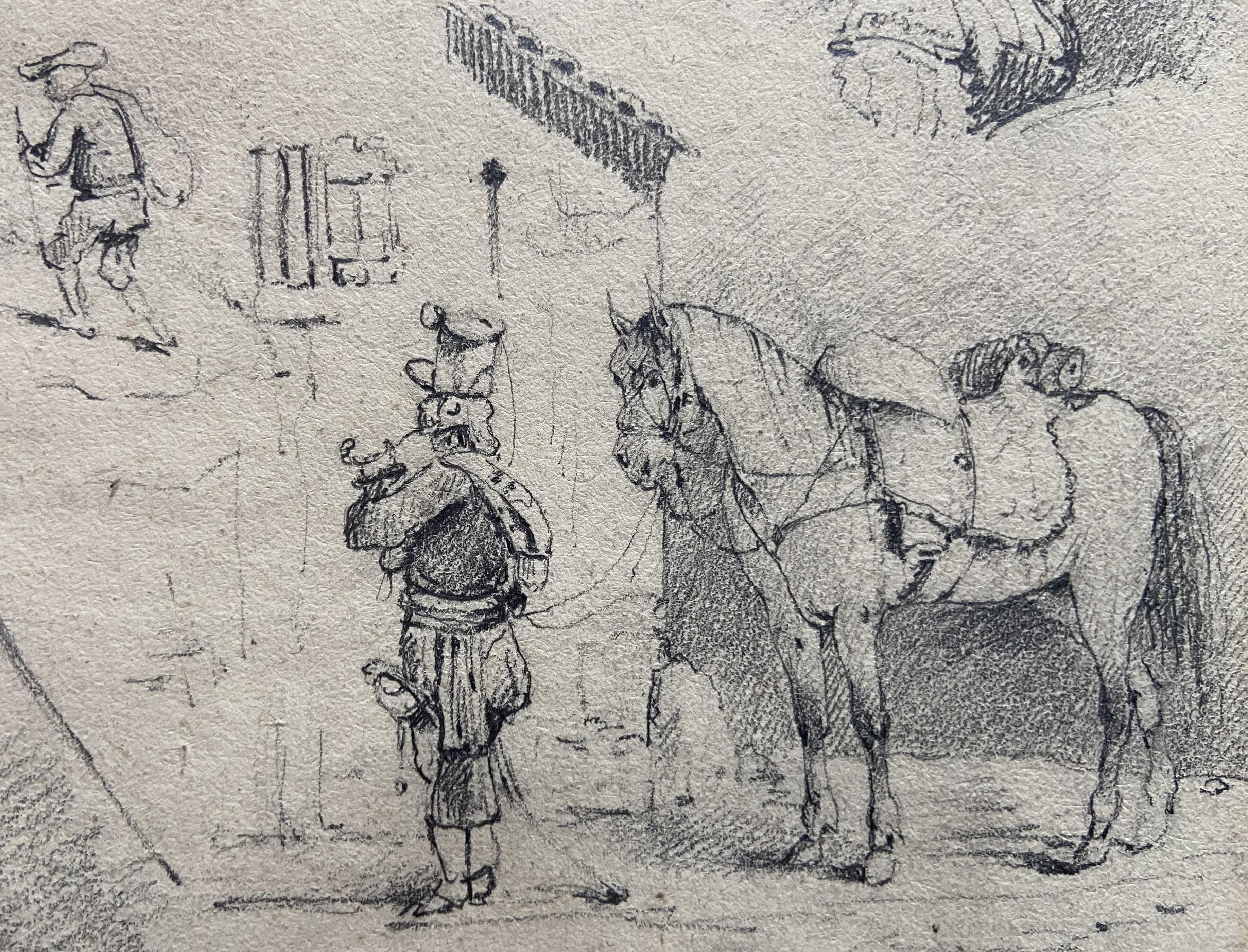 19th Century French School, Studies of horses and small scenes, original drawing For Sale 2