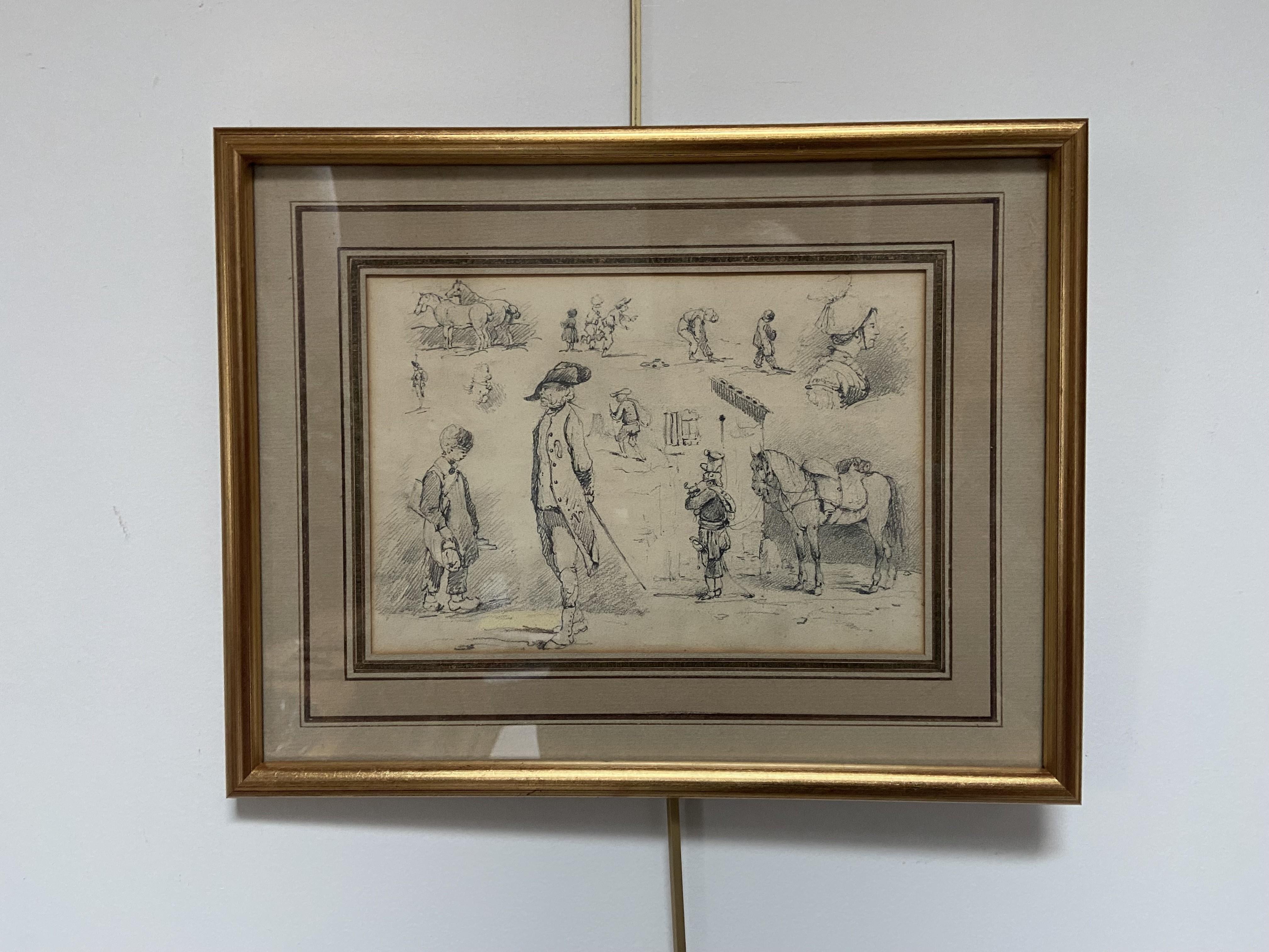 19th Century French School, Studies of horses and small scenes, original drawing For Sale 4