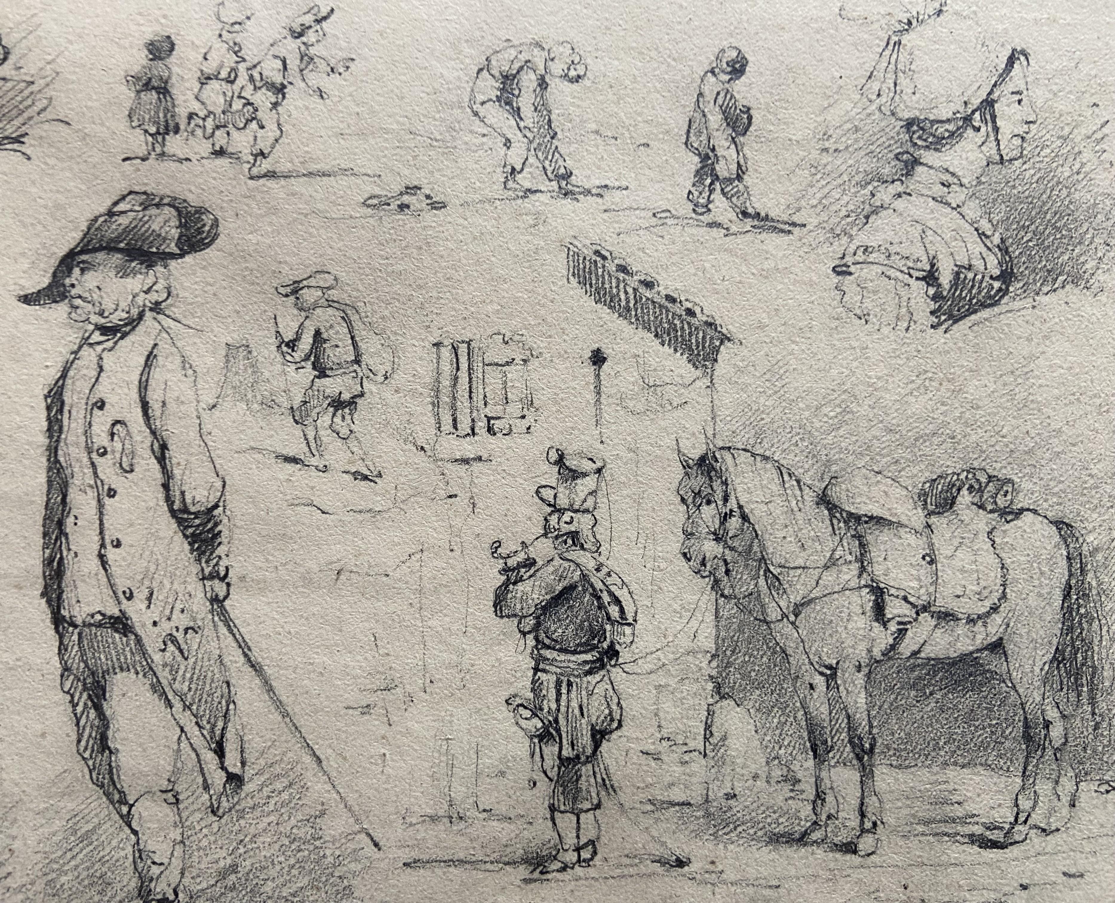 19th Century French School, Studies of horses and small scenes, original drawing For Sale 3