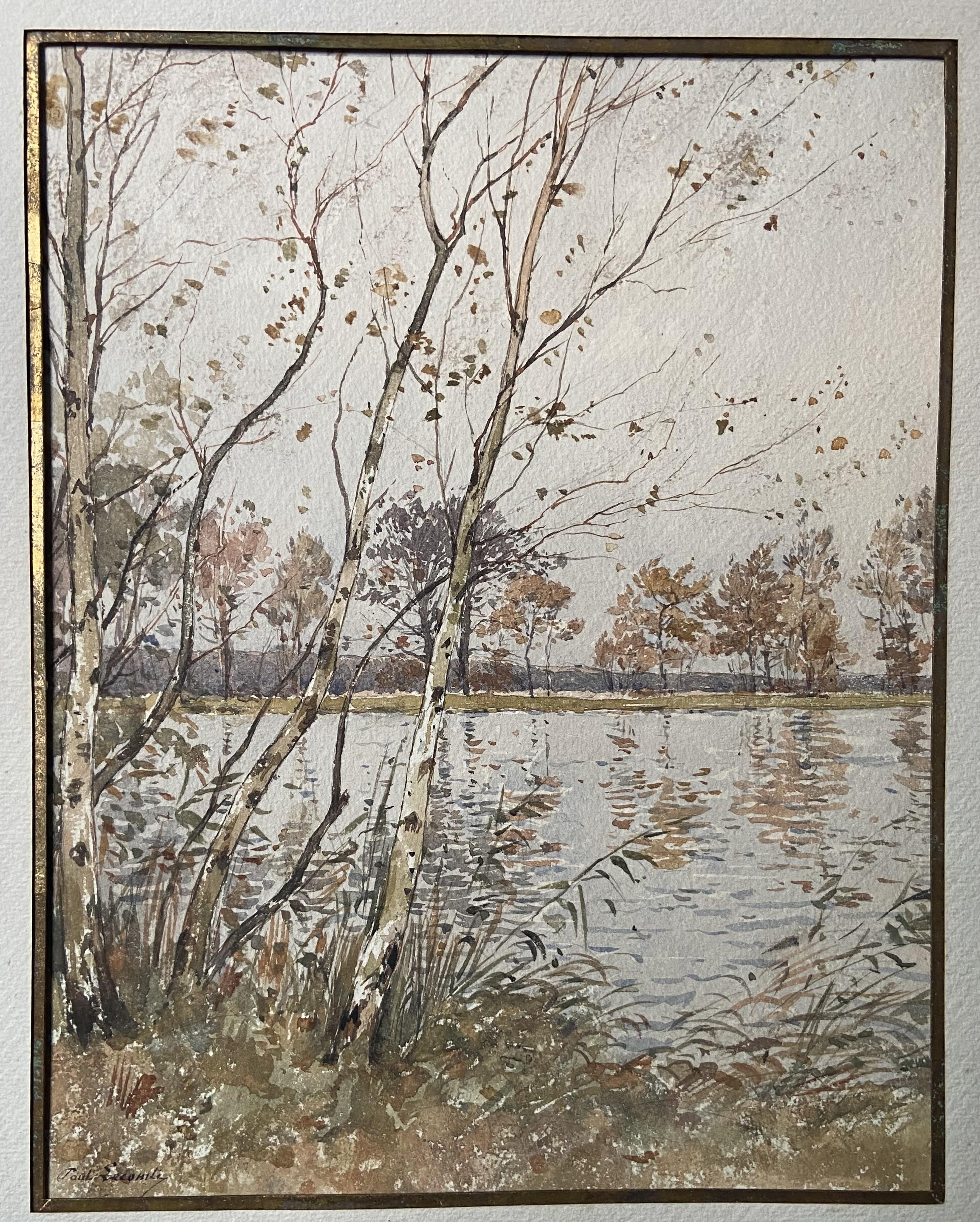 Paul Lecomte (1842-1920)  L'étang à Mortefontaine, acuarela firmada en venta 3