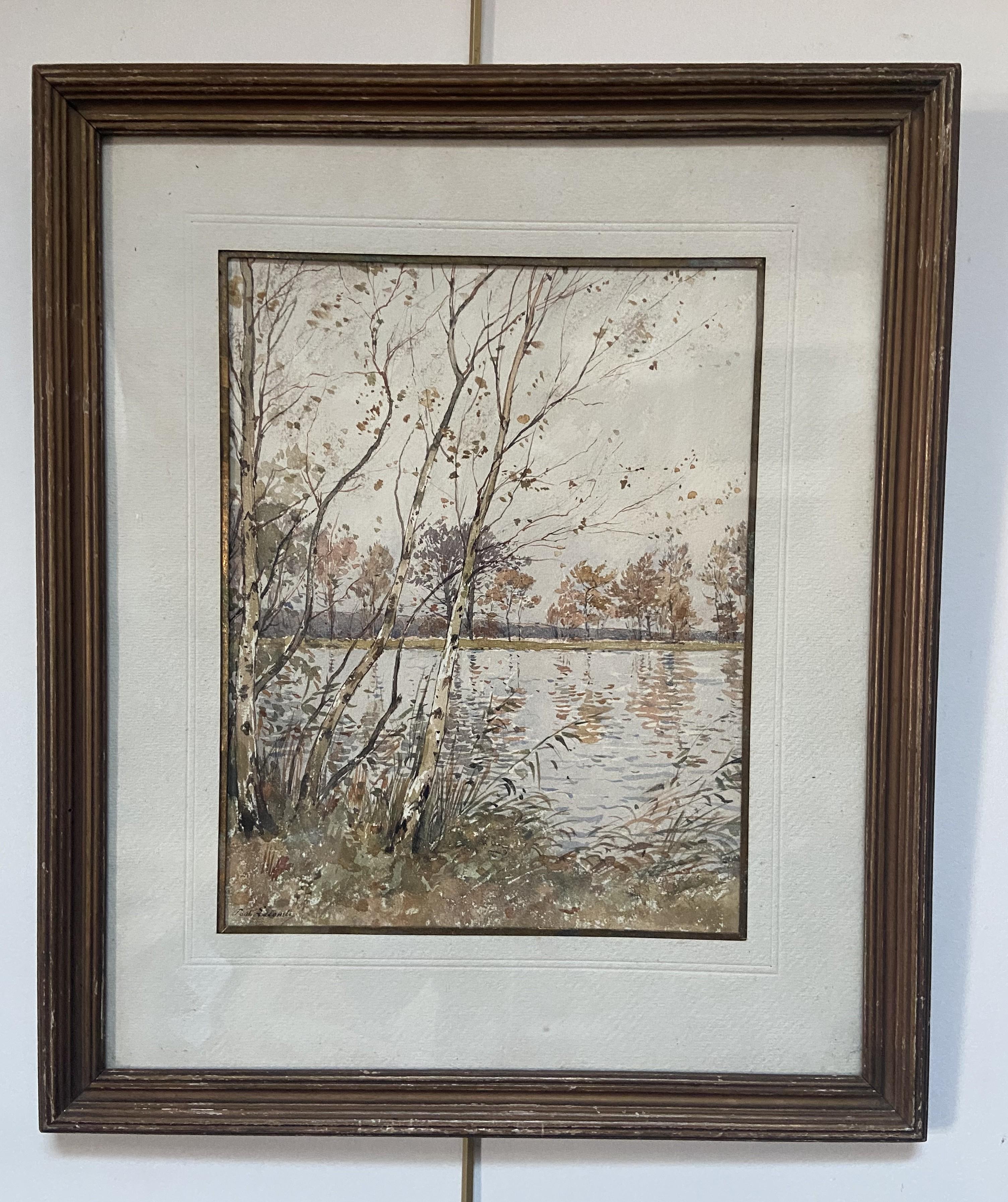 Paul Lecomte (1842-1920)  L'étang à Mortefontaine, acuarela firmada en venta 1