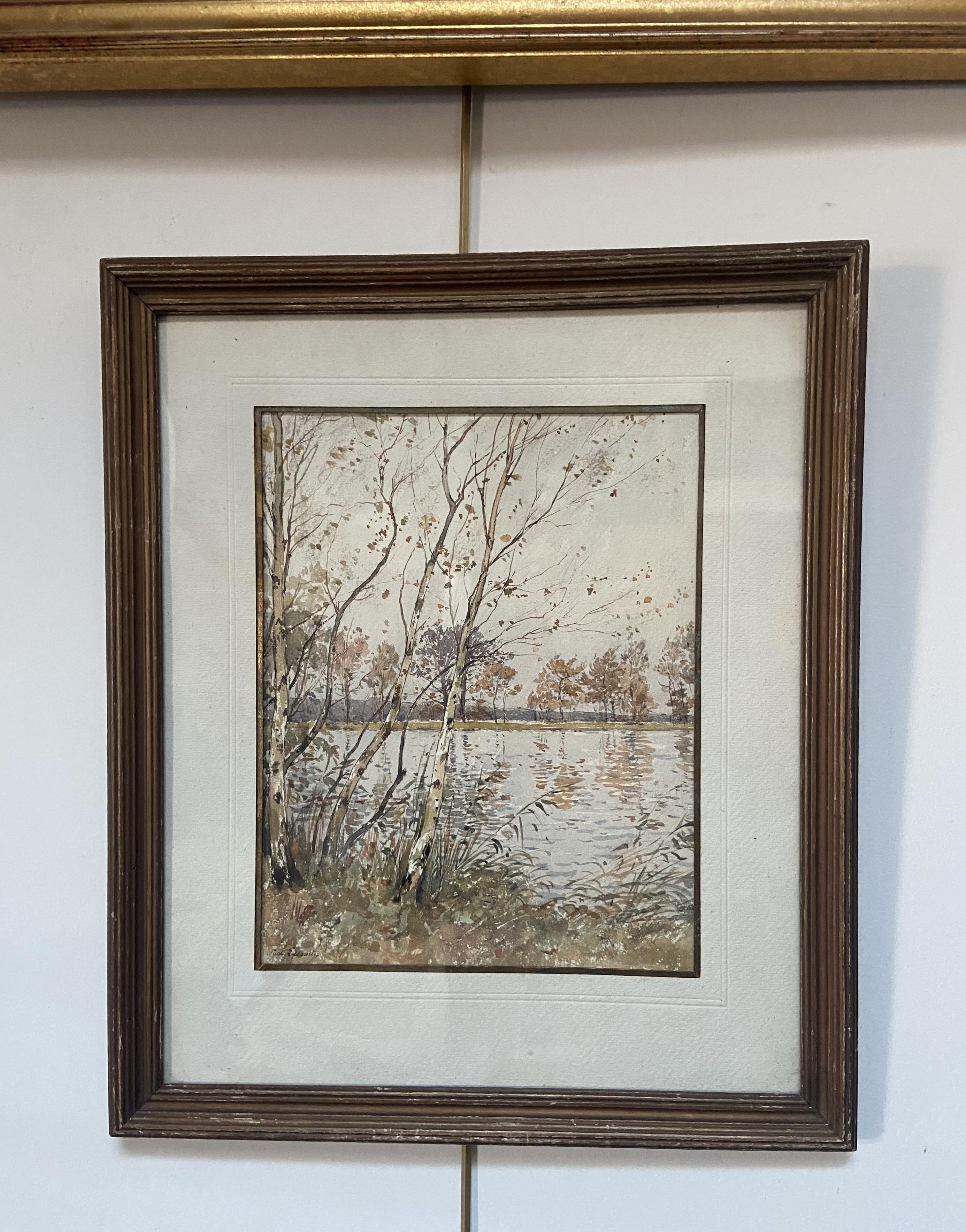 Paul Lecomte (1842-1920)  L'étang à Mortefontaine, acuarela firmada en venta 2