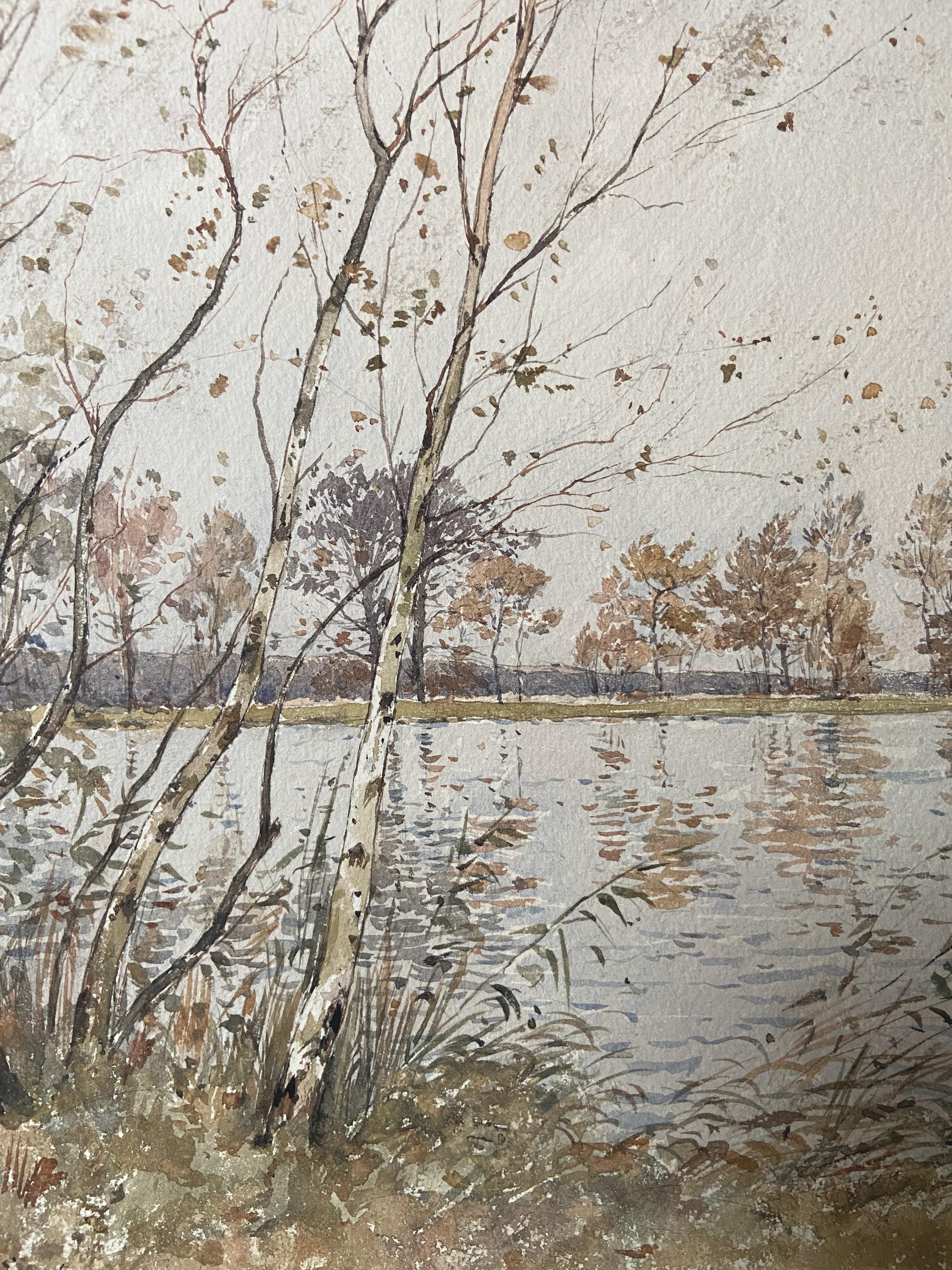 Paul Lecomte (1842-1920)  L'étang à Mortefontaine, acuarela firmada en venta 5
