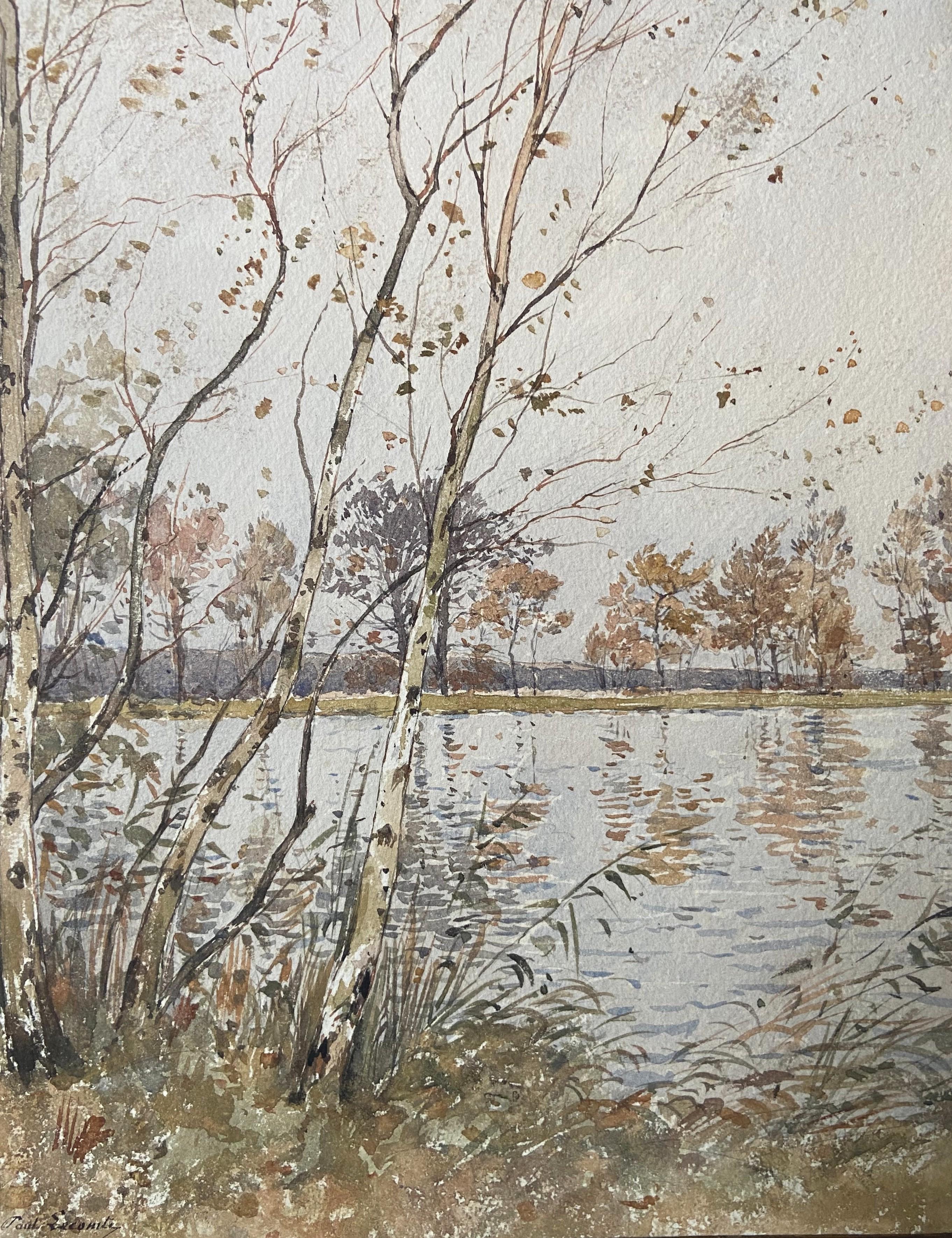 Paul Lecomte (1842-1920)  L'étang à Mortefontaine, acuarela firmada