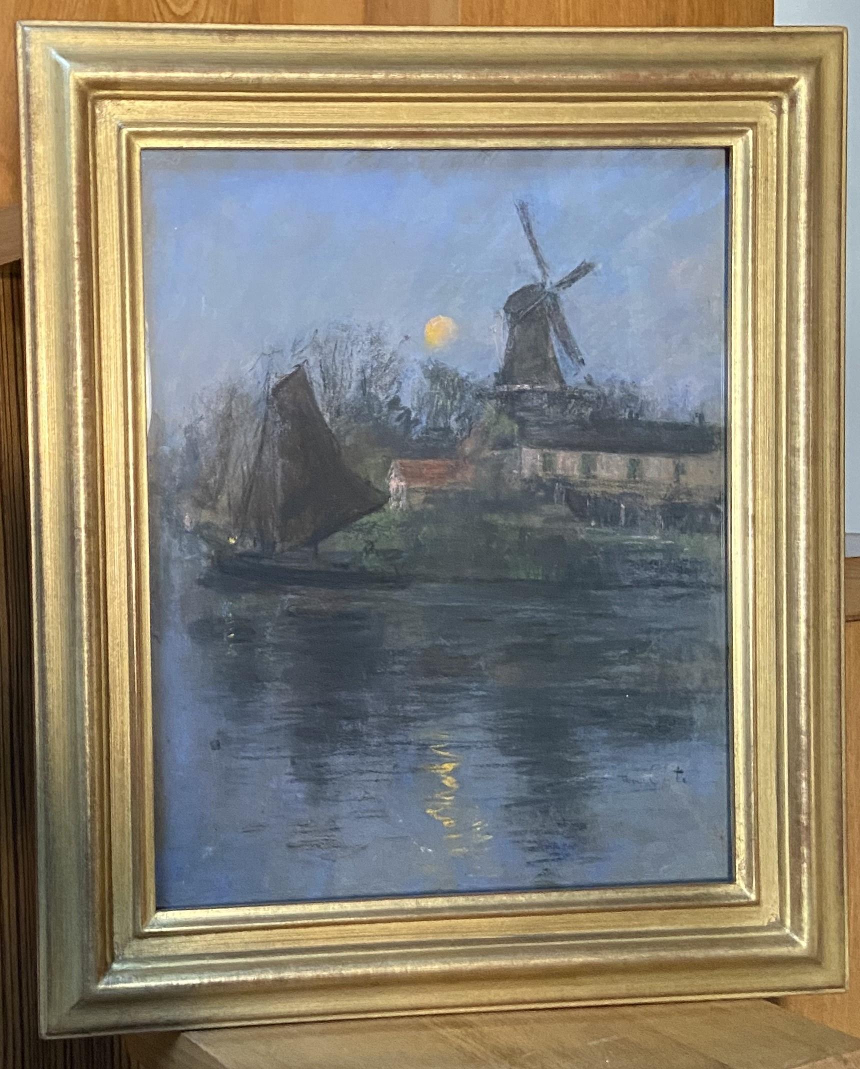 Siebe Johannes Ten Cate (1858-1908) Mühle und Segelboot im Mondlicht, Pastell im Angebot 1