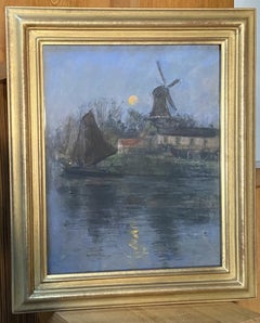Siebe Johannes Ten Cate (1858-1908) Molino y velero a la luz de la luna, pastel