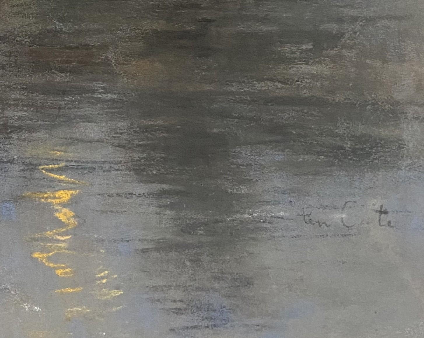 Siebe Johannes Ten Cate (1858-1908) Mühle und Segelboot im Mondlicht, Pastell im Angebot 3