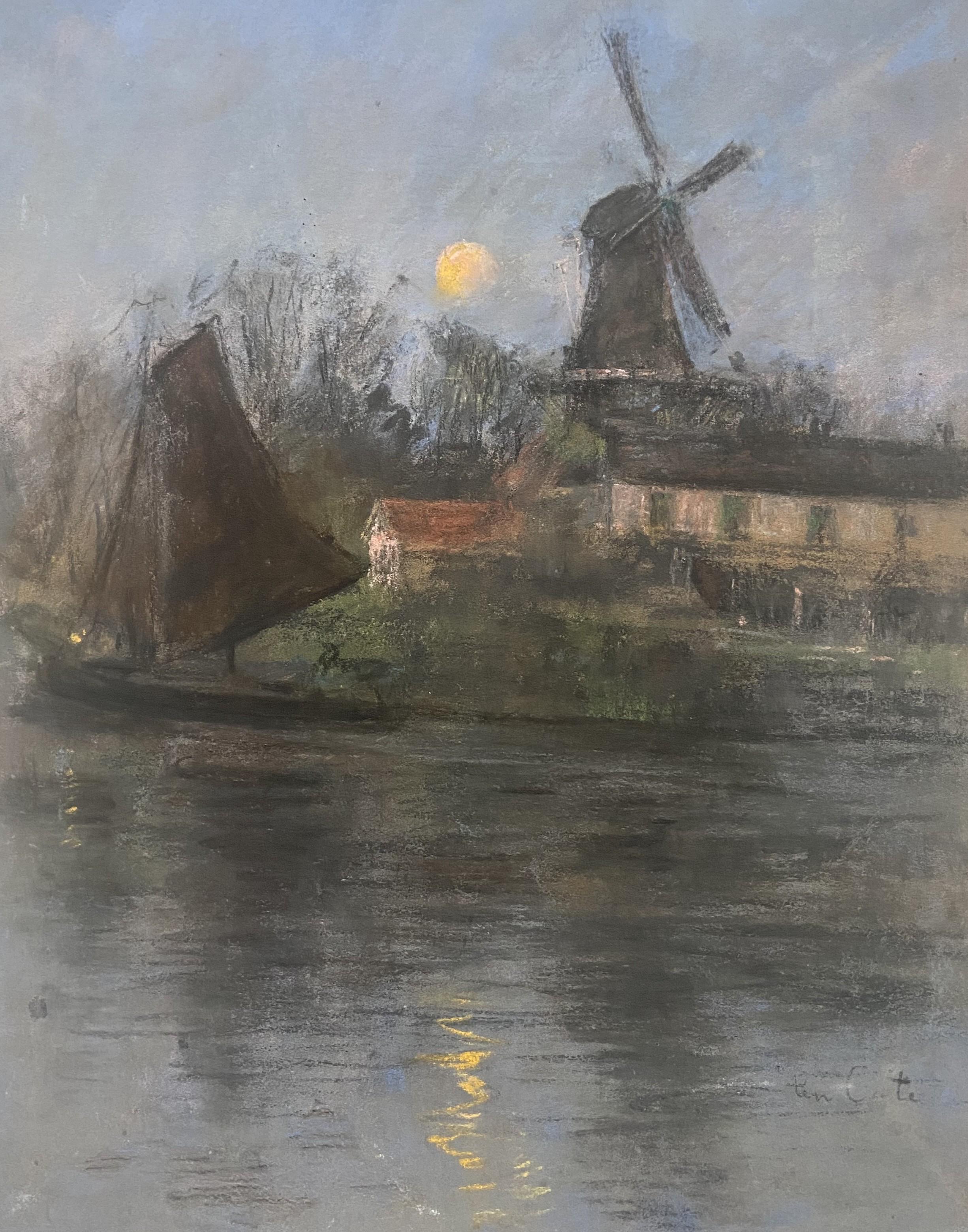 Siebe Johannes Ten Cate (1858-1908) Mühle und Segelboot im Mondlicht, Pastell im Angebot 2