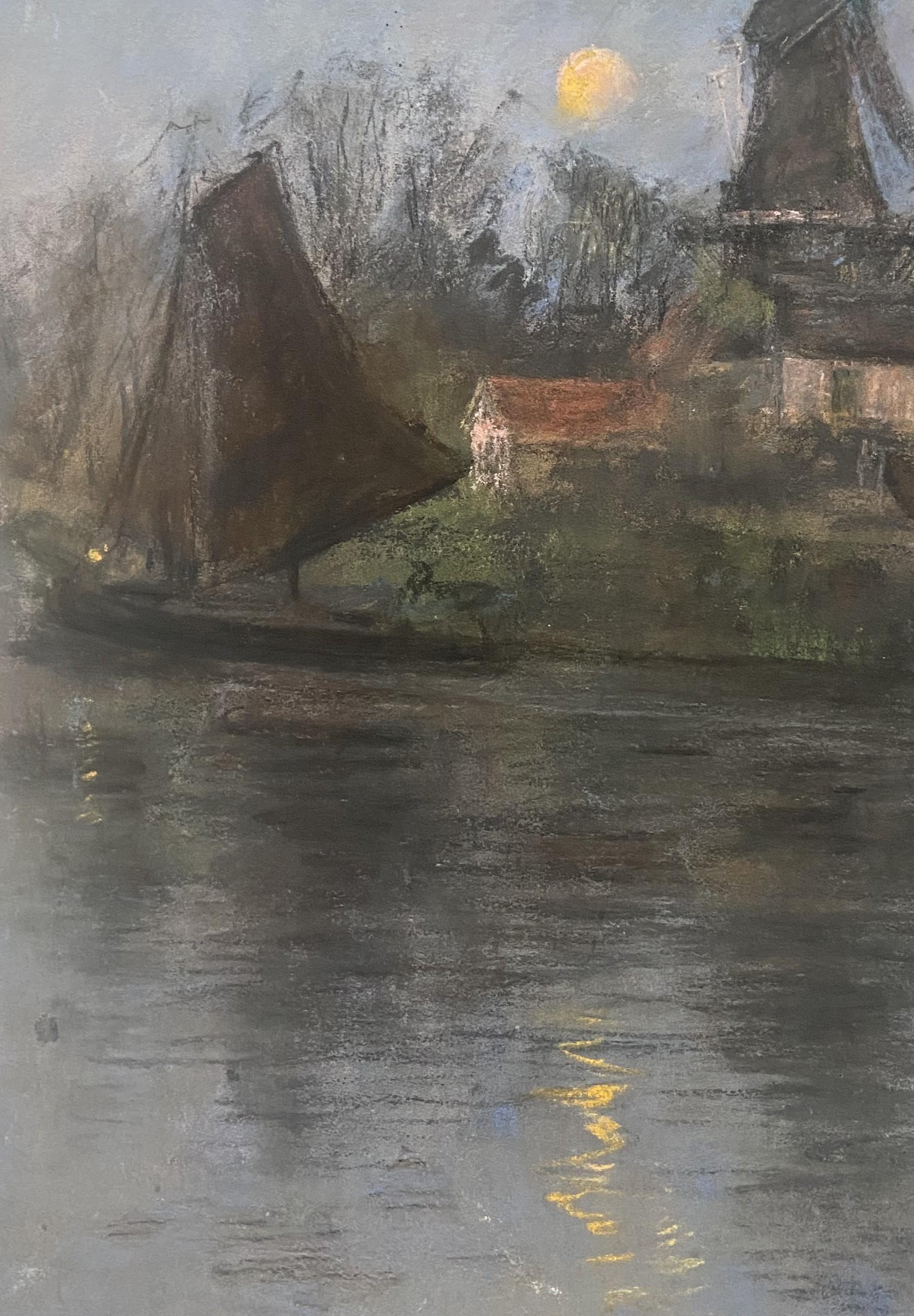 Siebe Johannes Ten Cate (1858-1908) Mühle und Segelboot im Mondlicht, Pastell im Angebot 5