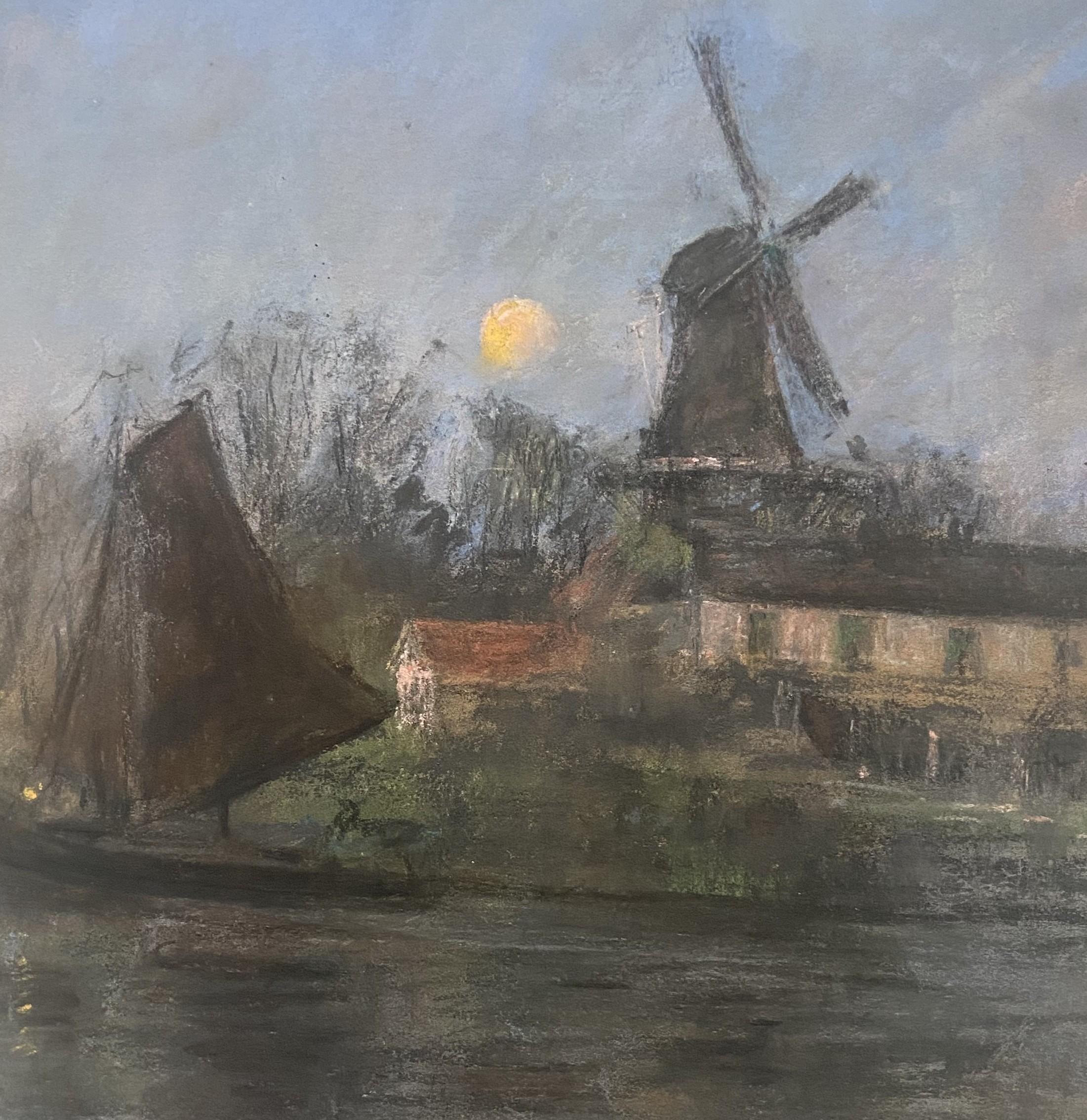 Siebe Johannes Ten Cate (1858-1908) Mühle und Segelboot im Mondlicht, Pastell im Angebot 4