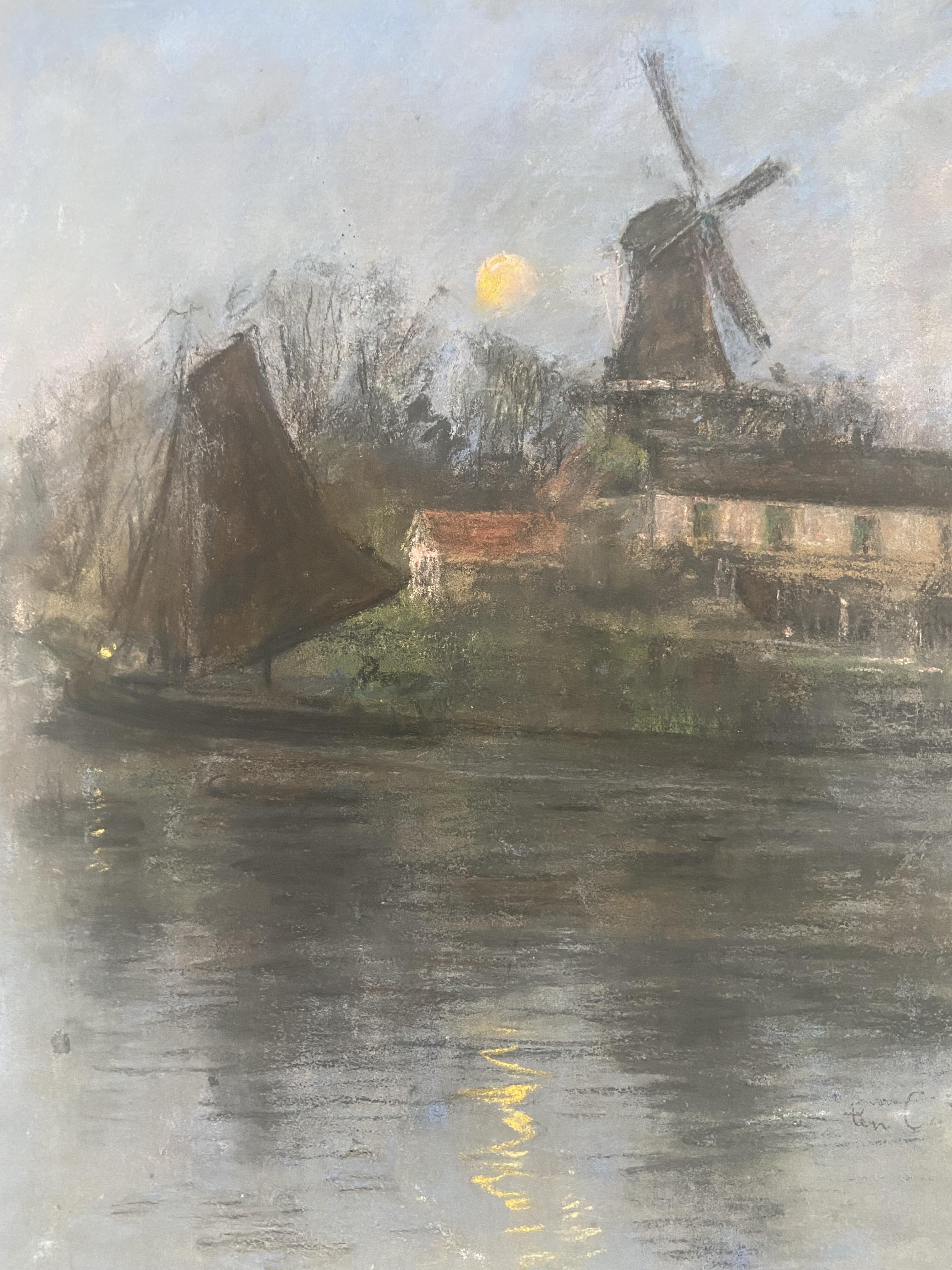 Siebe Johannes Ten Cate (1858-1908) Mühle und Segelboot im Mondlicht, Pastell im Angebot 6