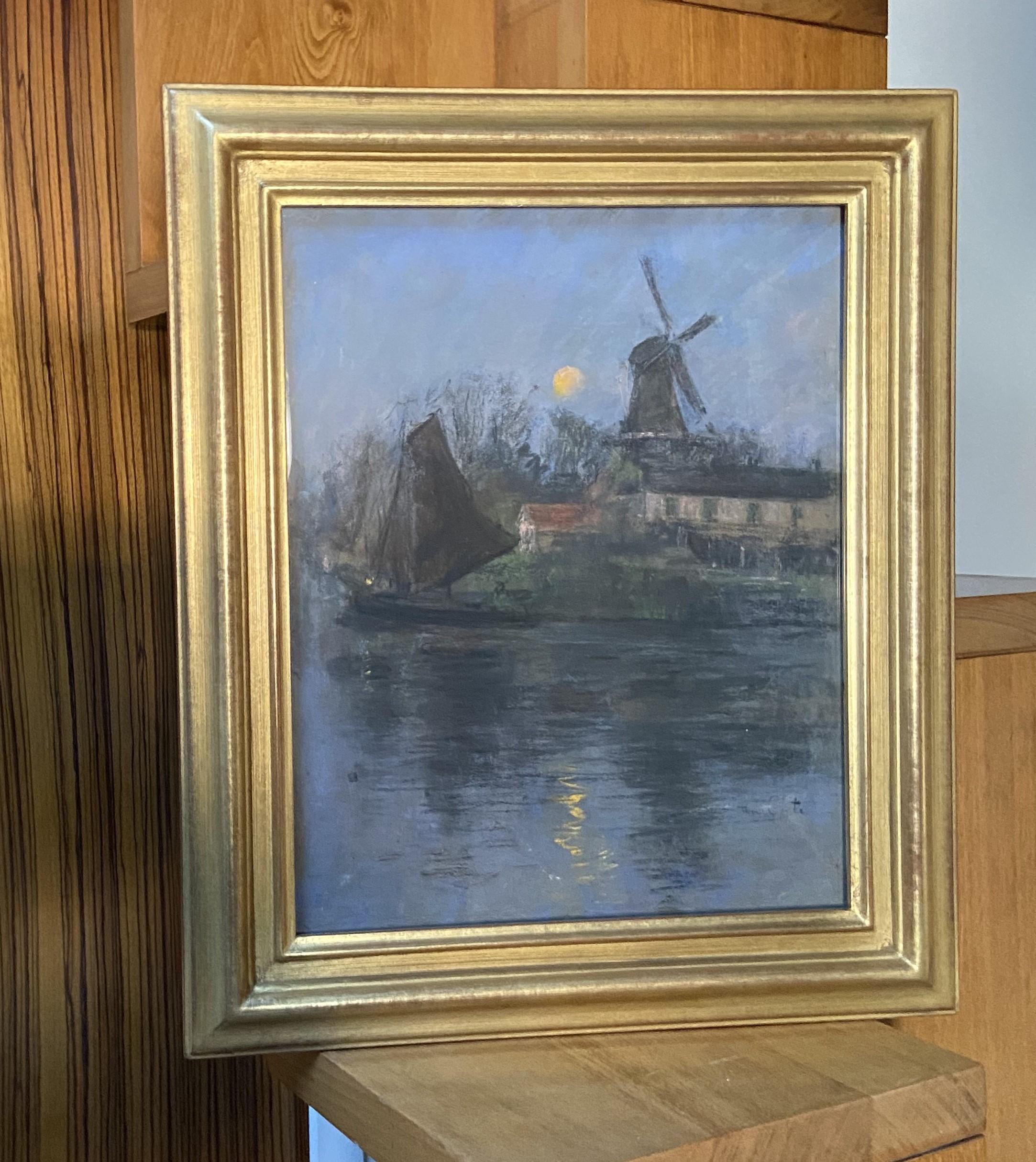 Siebe Johannes Ten Cate (1858-1908) Mühle und Segelboot im Mondlicht, Pastell im Angebot 7