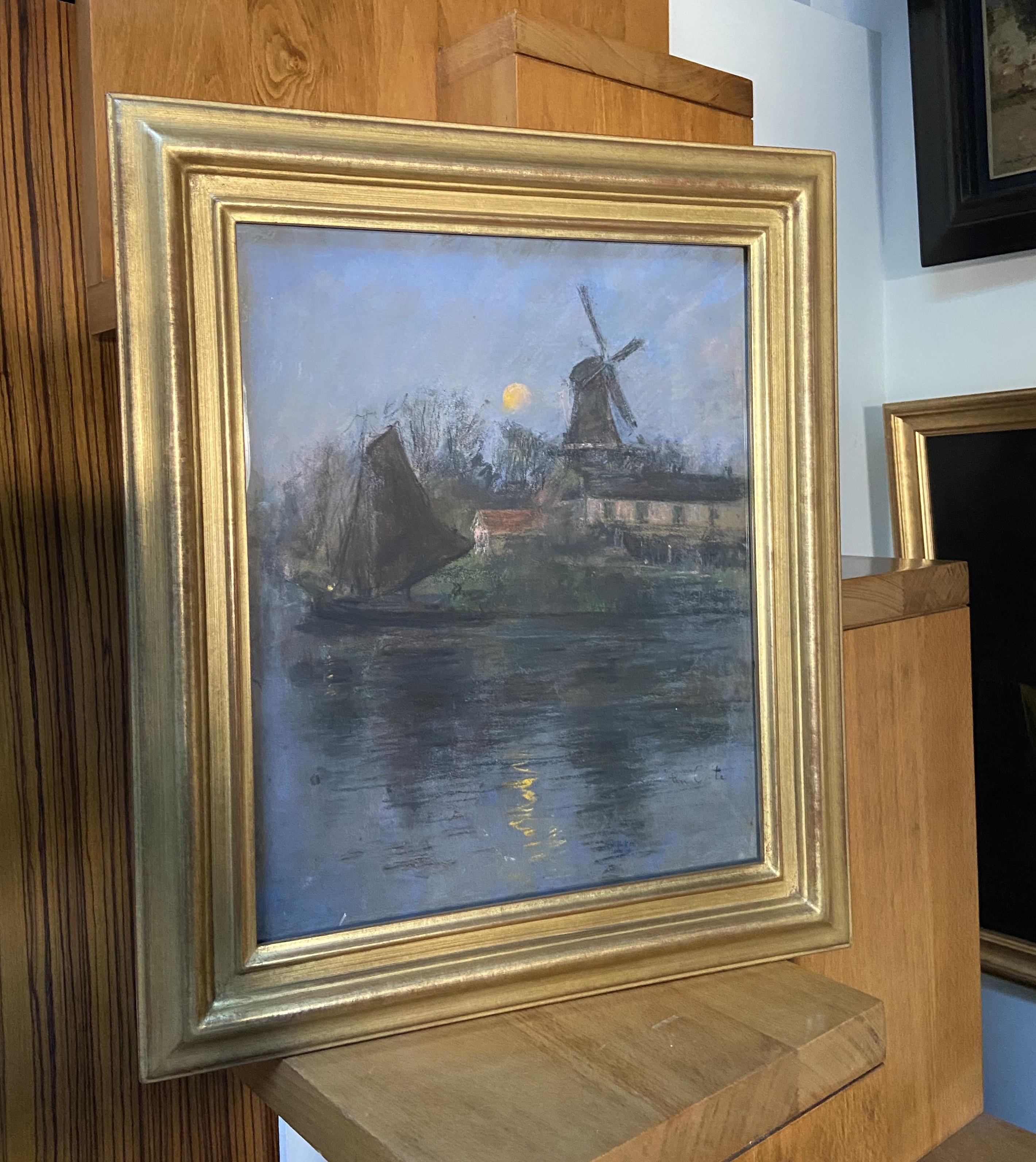 Siebe Johannes Ten Cate (1858-1908) Mühle und Segelboot im Mondlicht, Pastell im Angebot 9