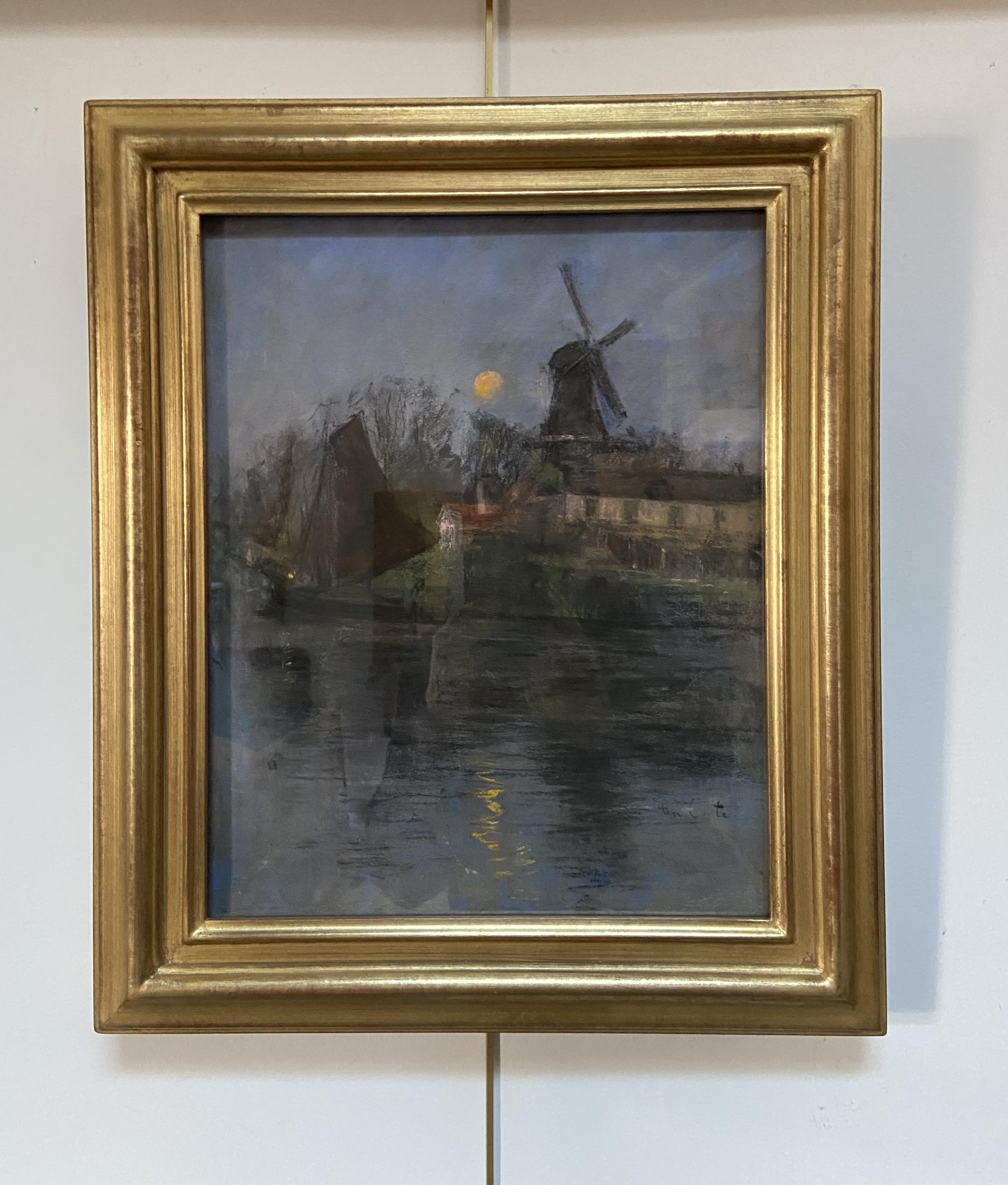 Siebe Johannes Ten Cate (1858-1908) Mühle und Segelboot im Mondlicht, Pastell im Angebot 11