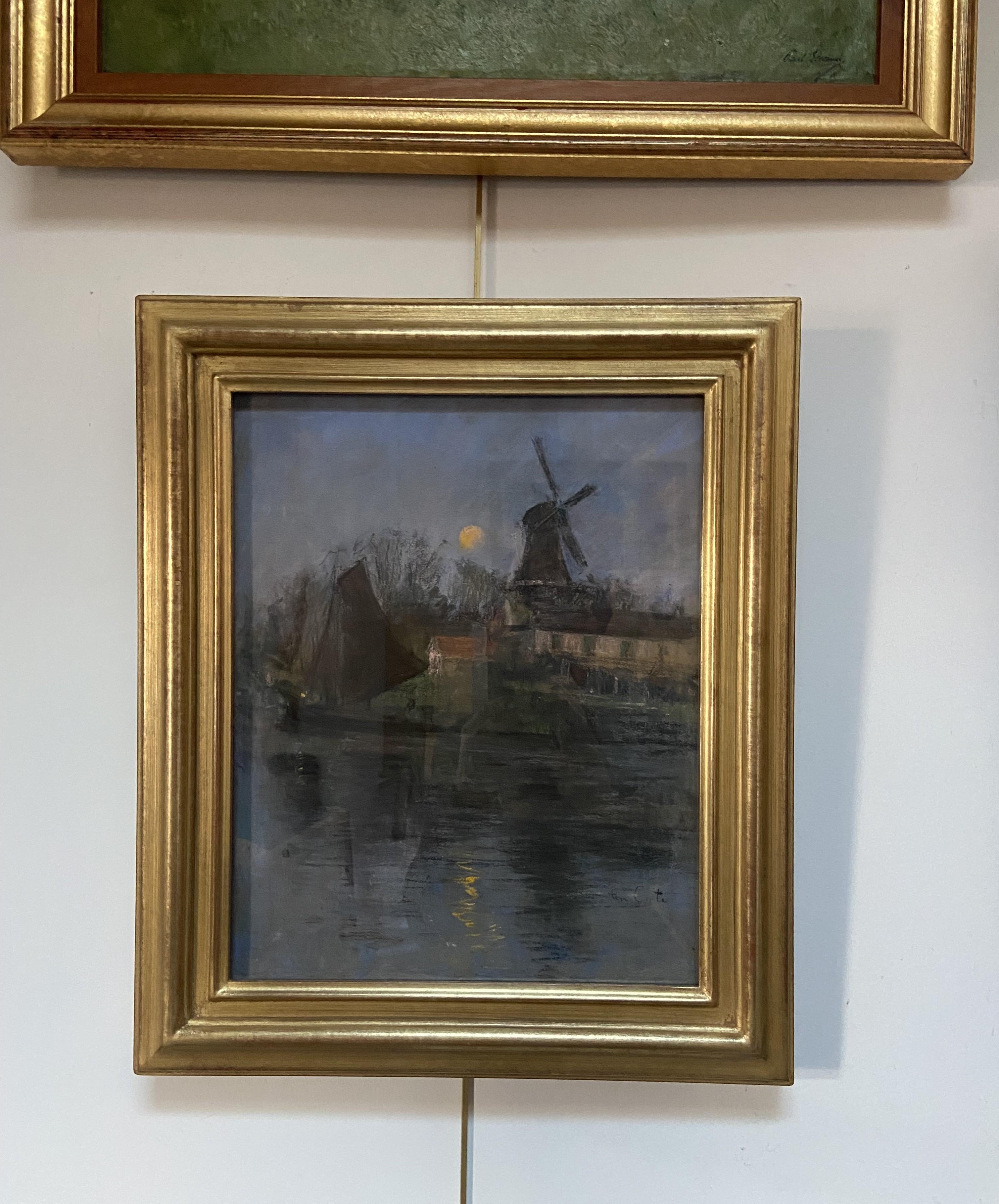 Siebe Johannes Ten Cate (1858-1908) Mühle und Segelboot im Mondlicht, Pastell im Angebot 10